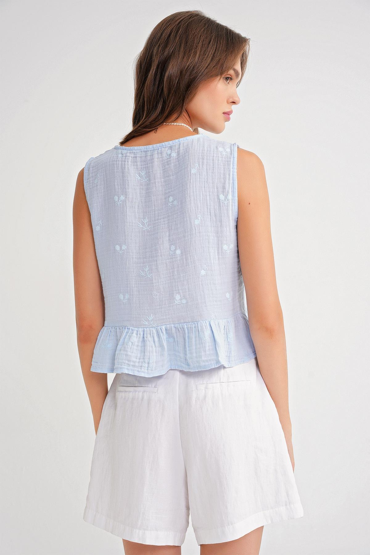 4724 Kadın Çicek Desenli Bağlamalı Müslin Bluz Bebe Mavi