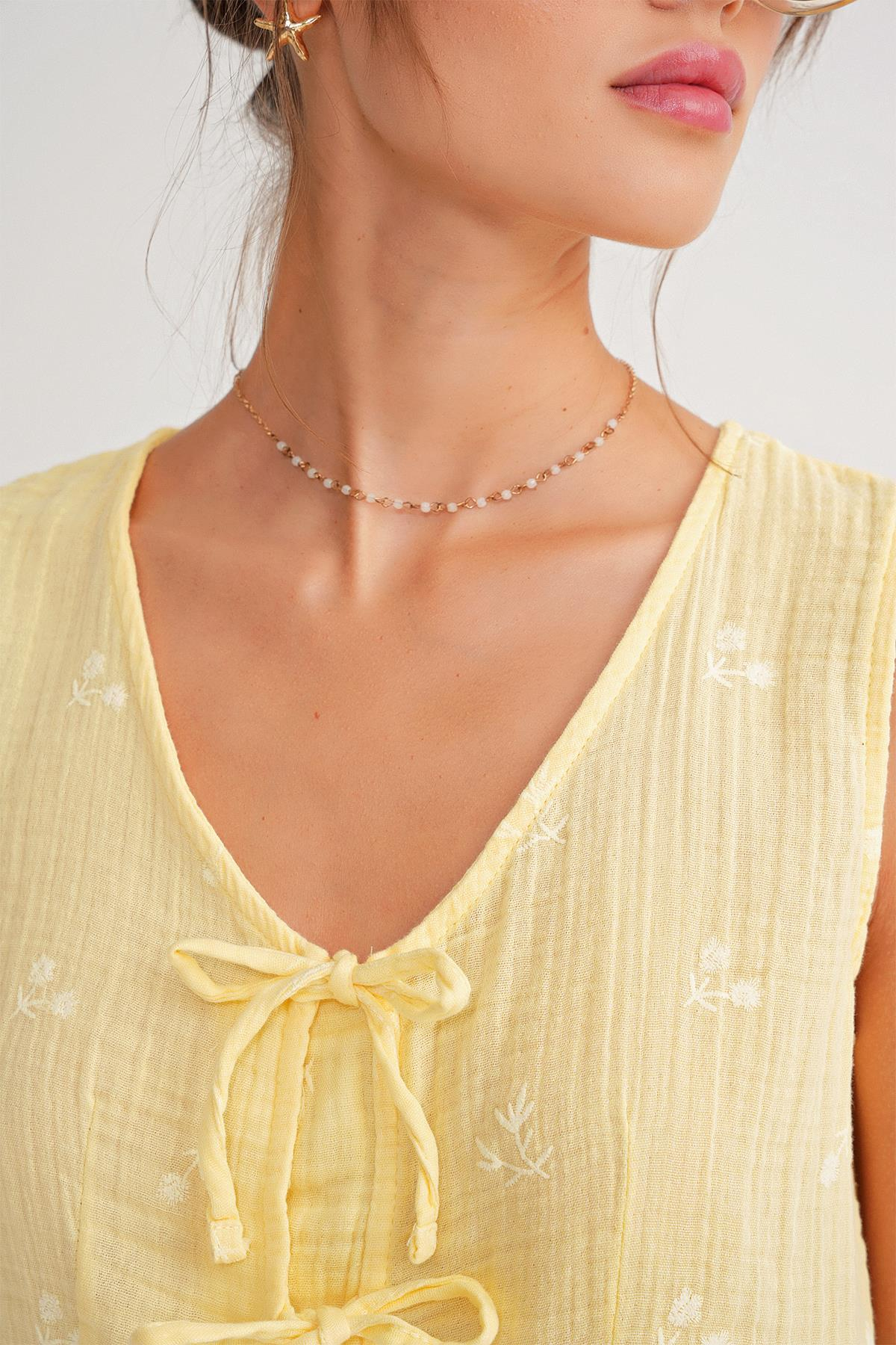 4724 Kadın Çicek Desenli Bağlamalı Müslin Bluz Sarı