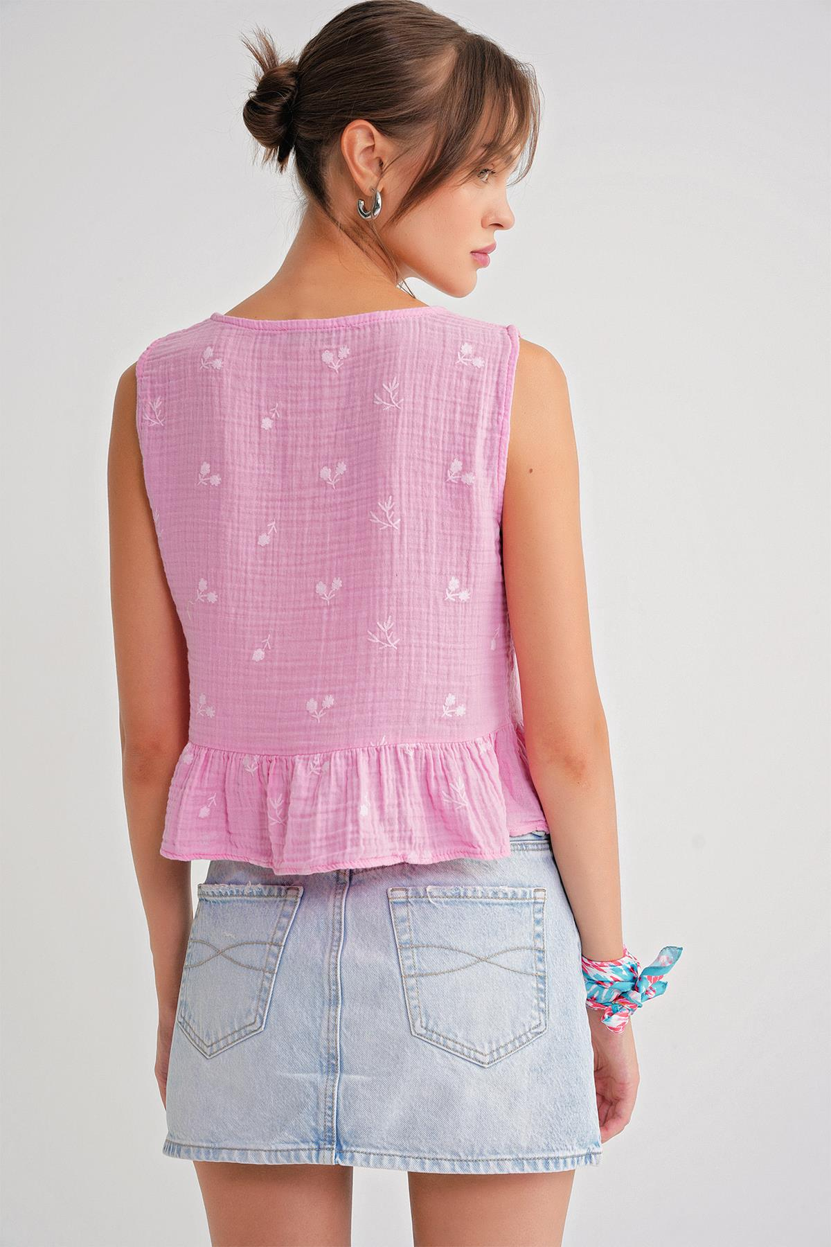 4724 Kadın Çicek Desenli Bağlamalı Müslin Bluz Pembe