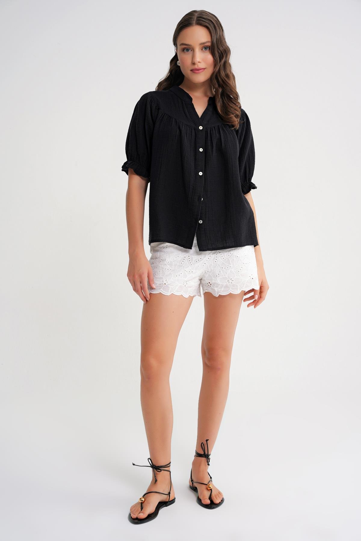 4725 Kadın Büzgü Robalı Kolu Fırfırlı Müslin Gömlek Siyah