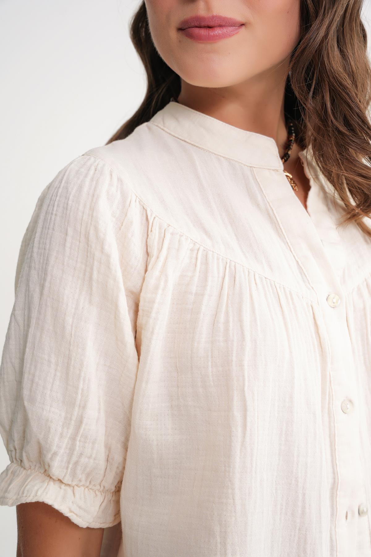 4725 Kadın Büzgü Robalı Kolu Fırfırlı Müslin Gömlek Naturel