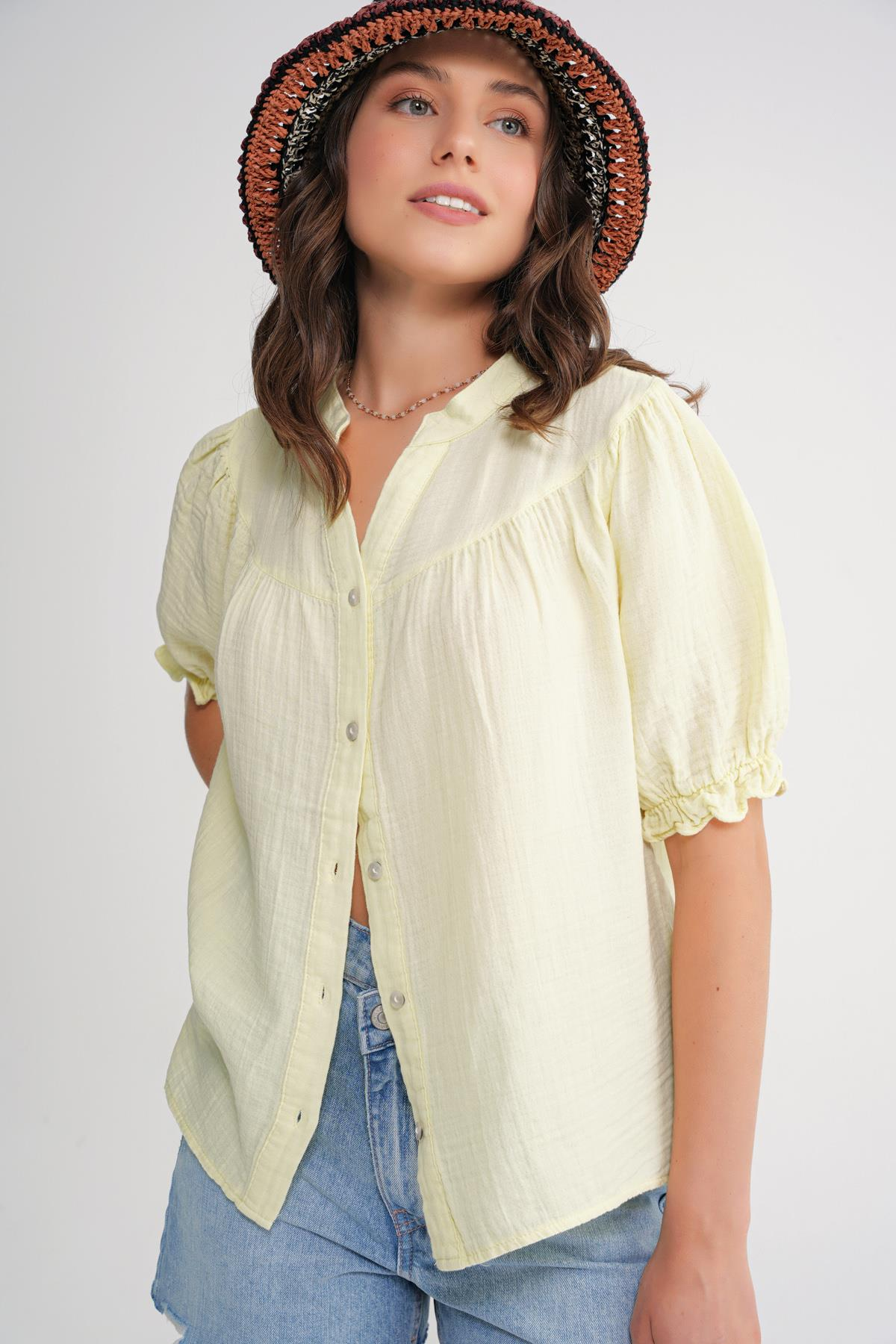 4725 Kadın Büzgü Robalı Kolu Fırfırlı Müslin Gömlek Pastel Sarısı