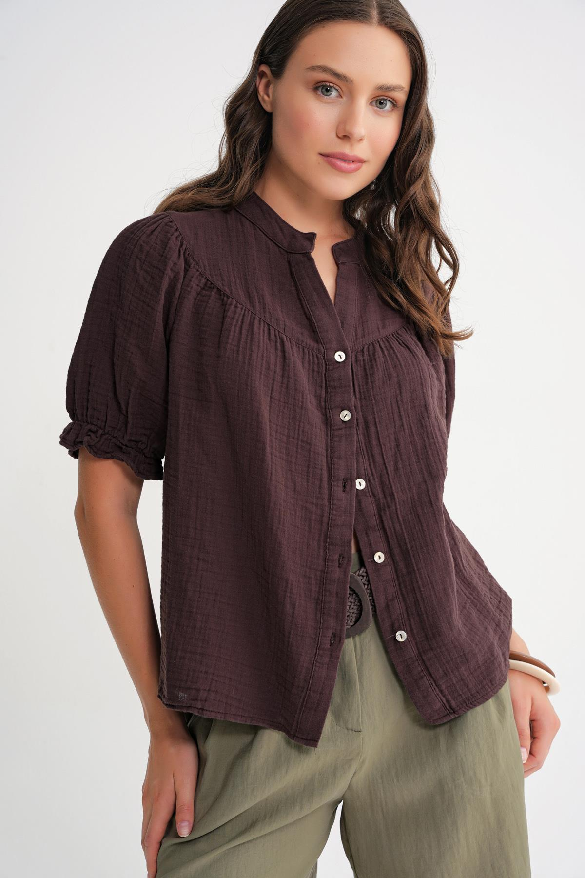 4725 Kadın Büzgü Robalı Kolu Fırfırlı Müslin Gömlek Kahve