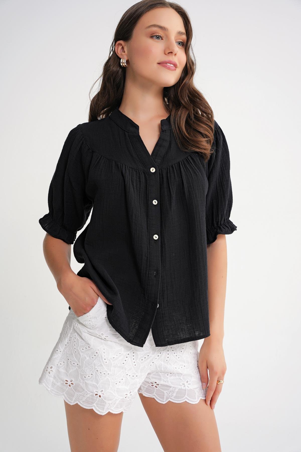 4725 Kadın Büzgü Robalı Kolu Fırfırlı Müslin Gömlek Siyah