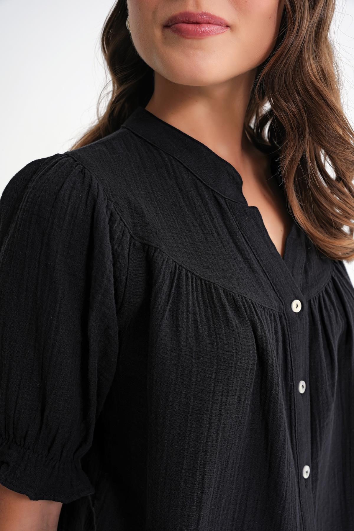 4725 Kadın Büzgü Robalı Kolu Fırfırlı Müslin Gömlek Siyah