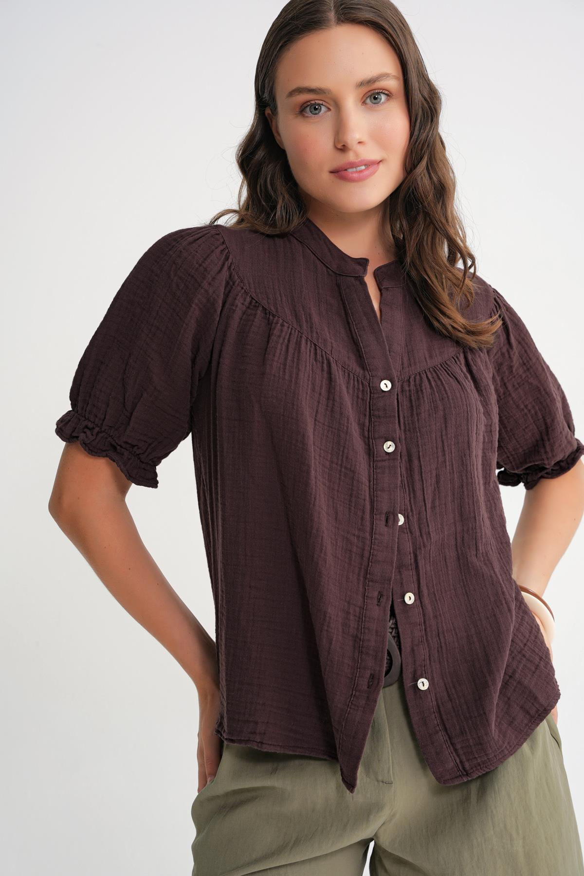 4725 Kadın Büzgü Robalı Kolu Fırfırlı Müslin Gömlek Kahve