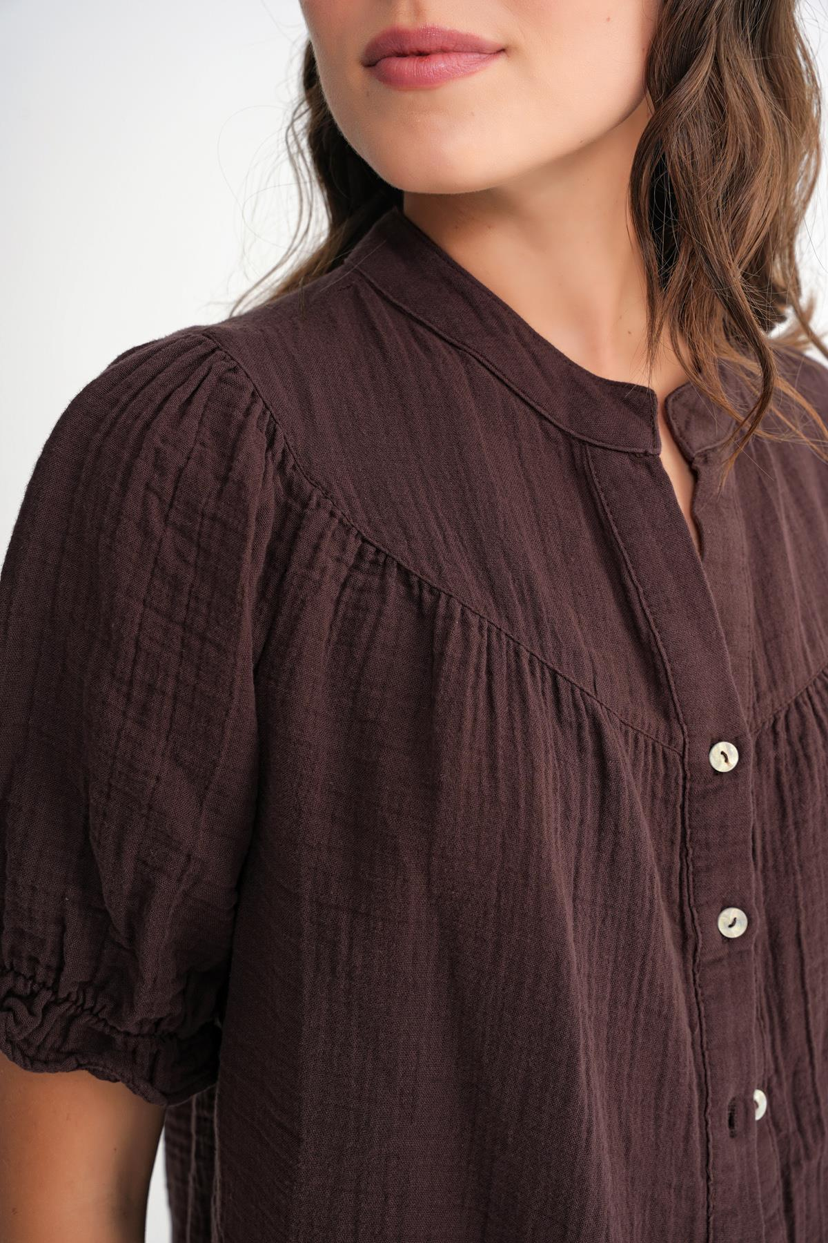 4725 Kadın Büzgü Robalı Kolu Fırfırlı Müslin Gömlek Kahve