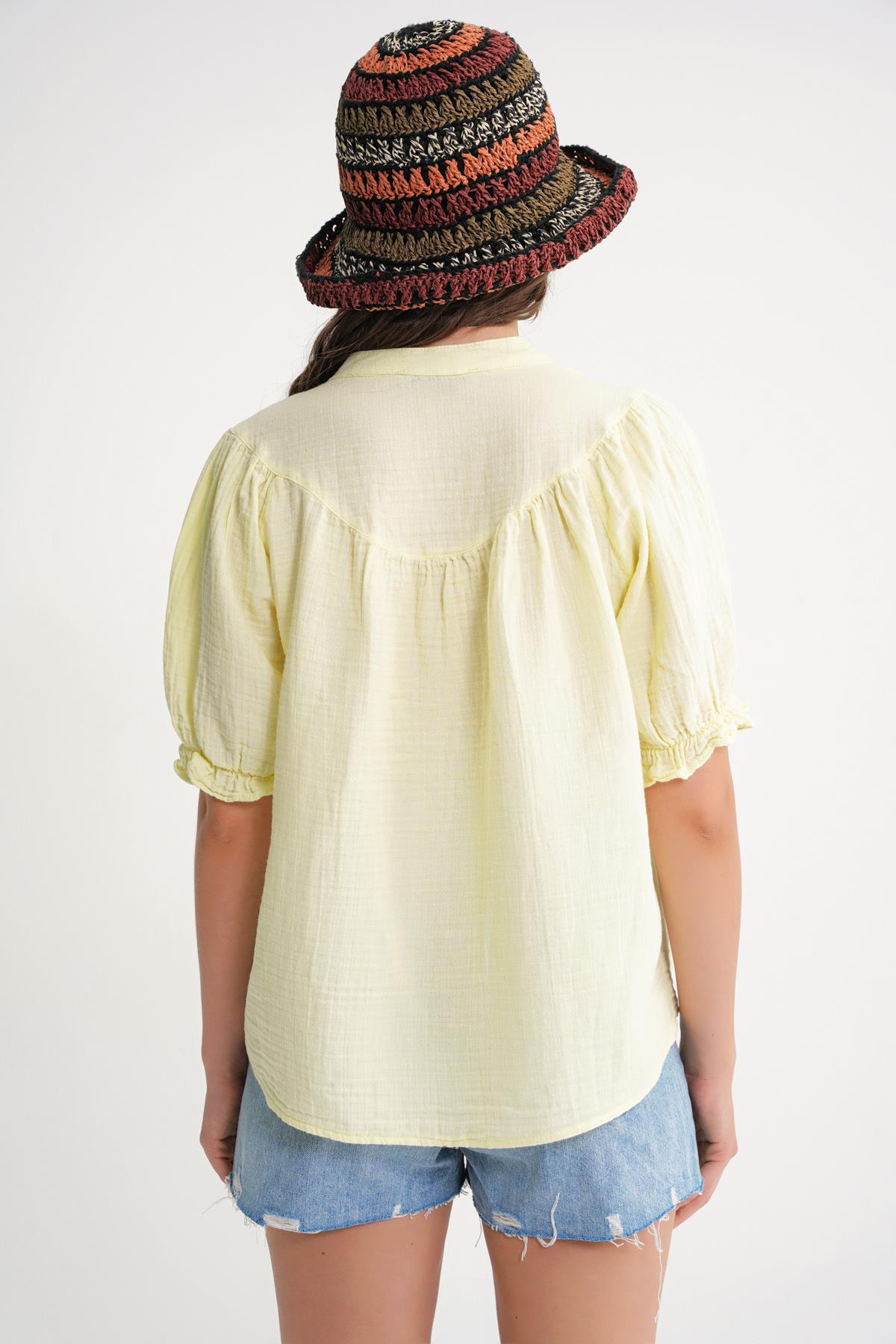 4725 Kadın Büzgü Robalı Kolu Fırfırlı Müslin Gömlek Pastel Sarısı