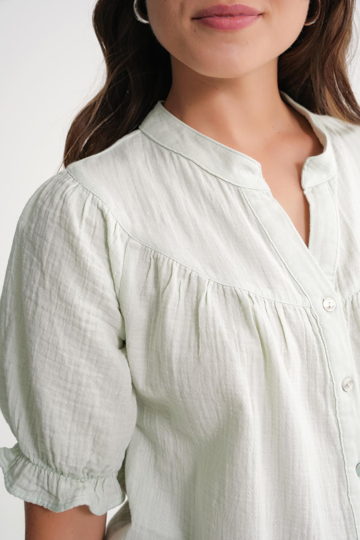 4725 Kadın Büzgü Robalı Kolu Fırfırlı Müslin Gömlek Adaçayı
