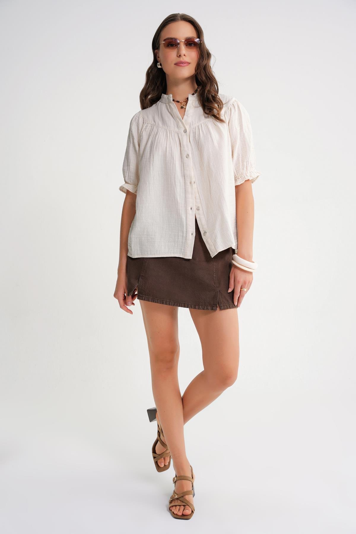 4725 Kadın Büzgü Robalı Kolu Fırfırlı Müslin Gömlek Naturel