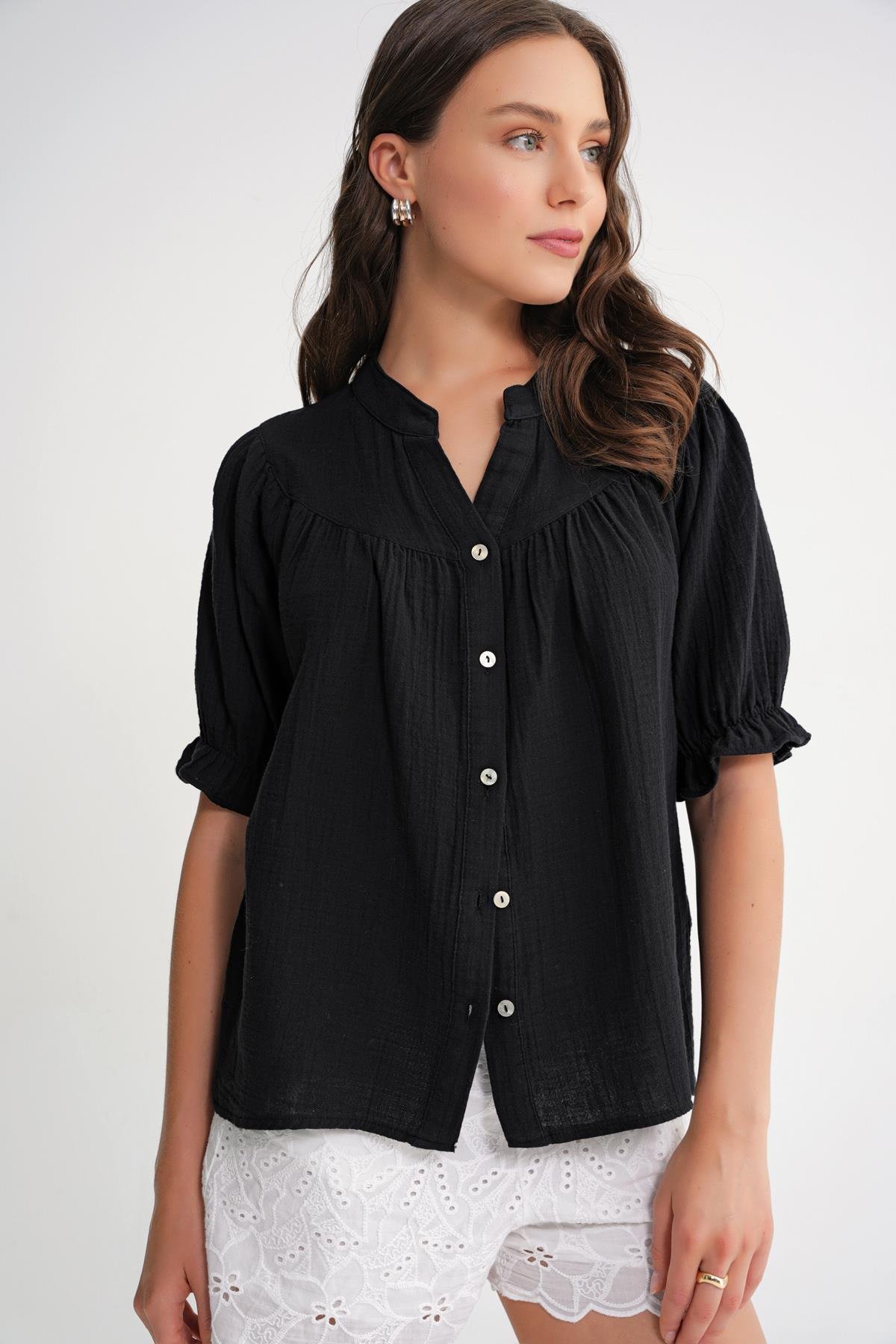 4725 Kadın Büzgü Robalı Kolu Fırfırlı Müslin Gömlek Siyah