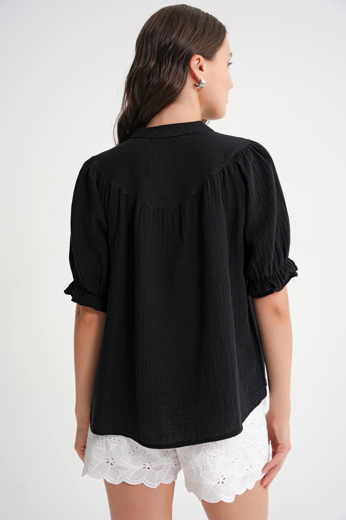4725 Kadın Büzgü Robalı Kolu Fırfırlı Müslin Gömlek Siyah