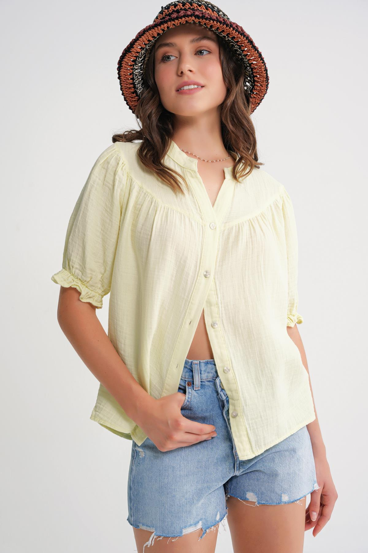 4725 Kadın Büzgü Robalı Kolu Fırfırlı Müslin Gömlek Pastel Sarısı