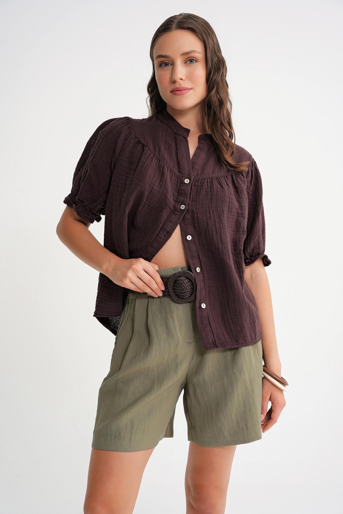 4725 Kadın Büzgü Robalı Kolu Fırfırlı Müslin Gömlek Kahve