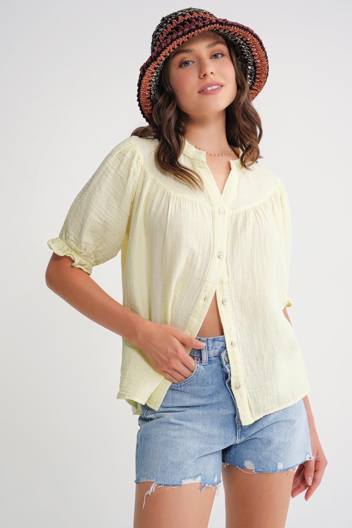 4725 Kadın Büzgü Robalı Kolu Fırfırlı Müslin Gömlek Pastel Sarısı