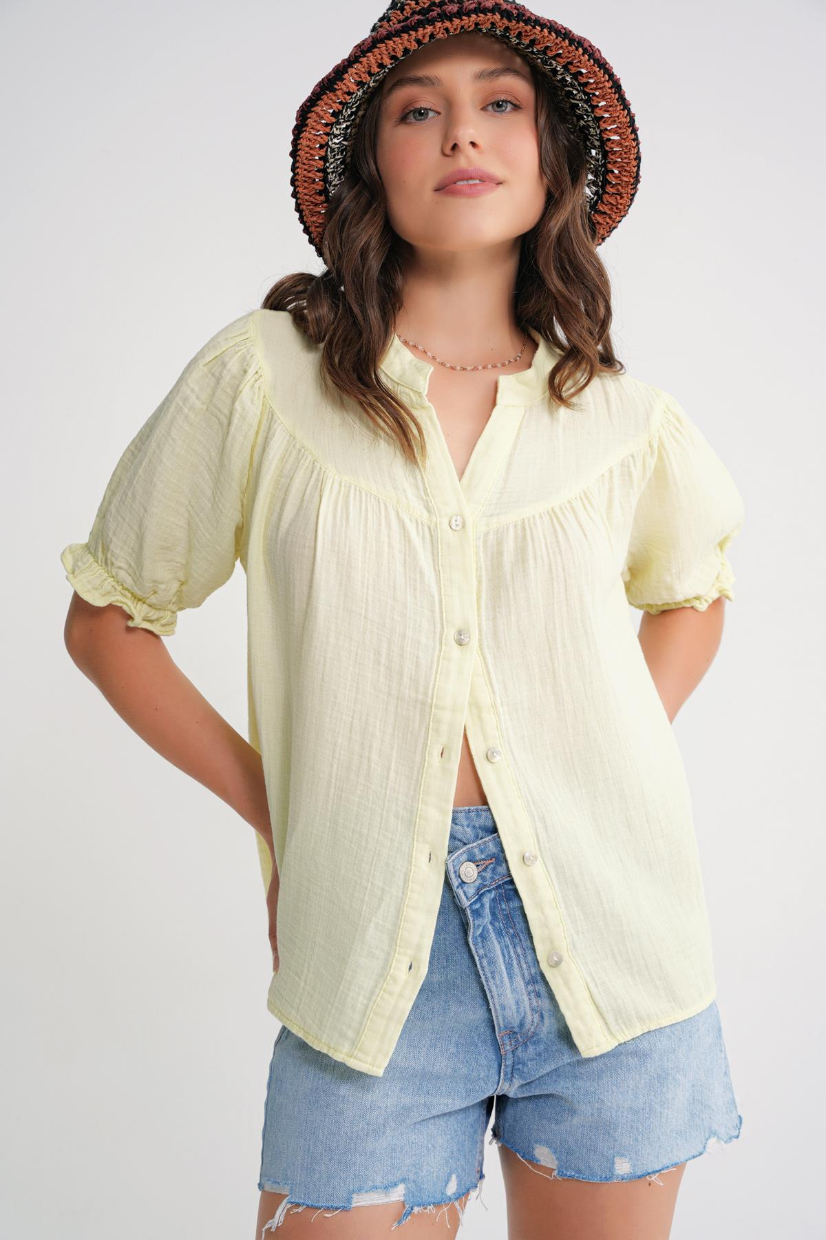 4725 Kadın Büzgü Robalı Kolu Fırfırlı Müslin Gömlek Pastel Sarısı