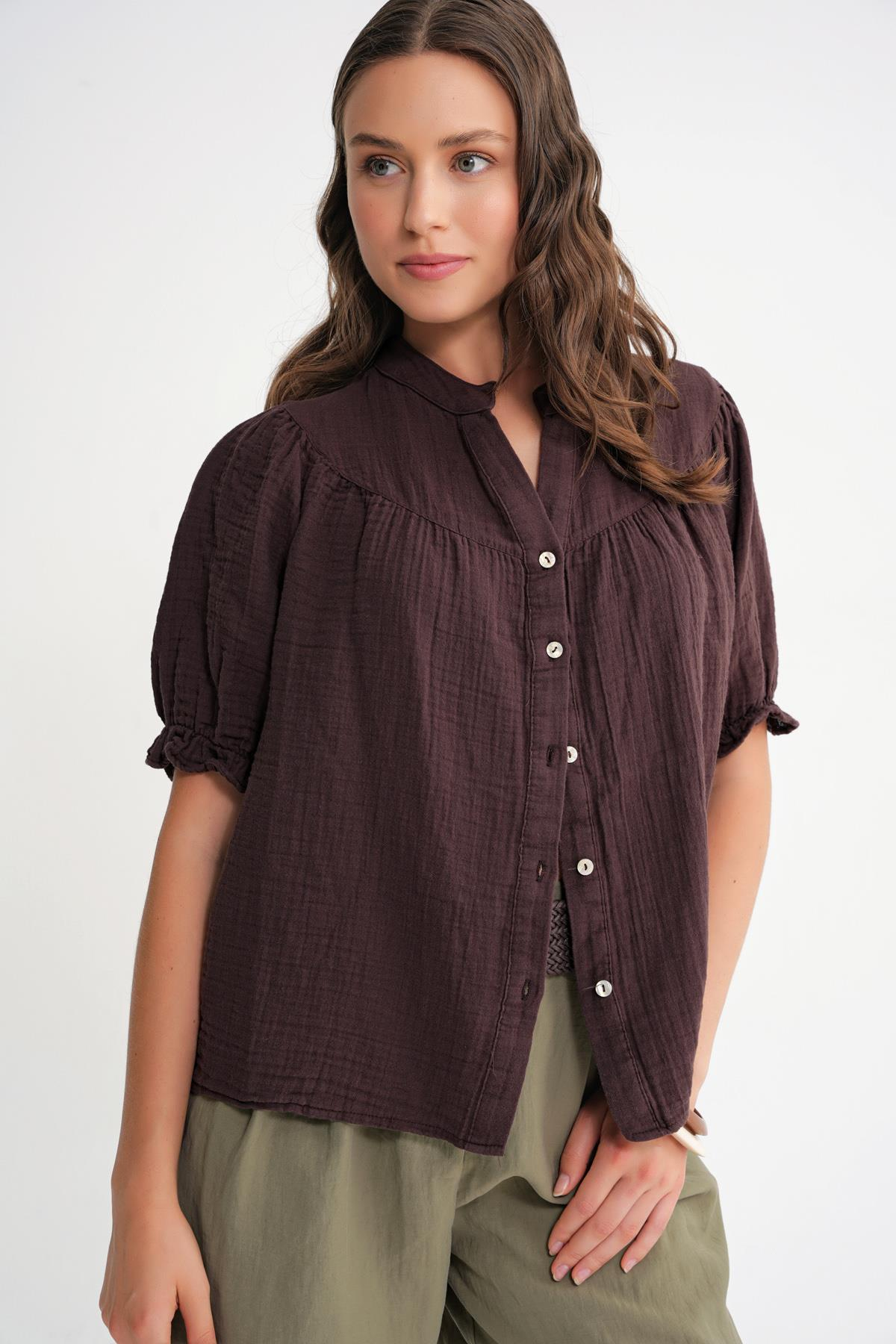 4725 Kadın Büzgü Robalı Kolu Fırfırlı Müslin Gömlek Kahve