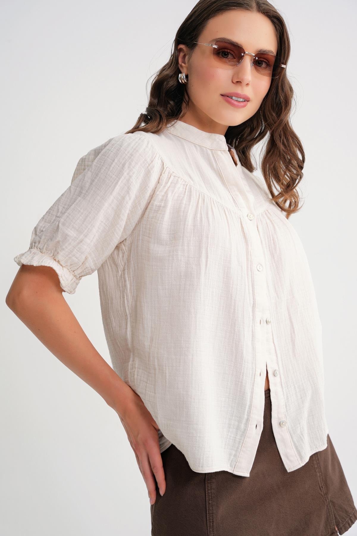 4725 Kadın Büzgü Robalı Kolu Fırfırlı Müslin Gömlek Naturel