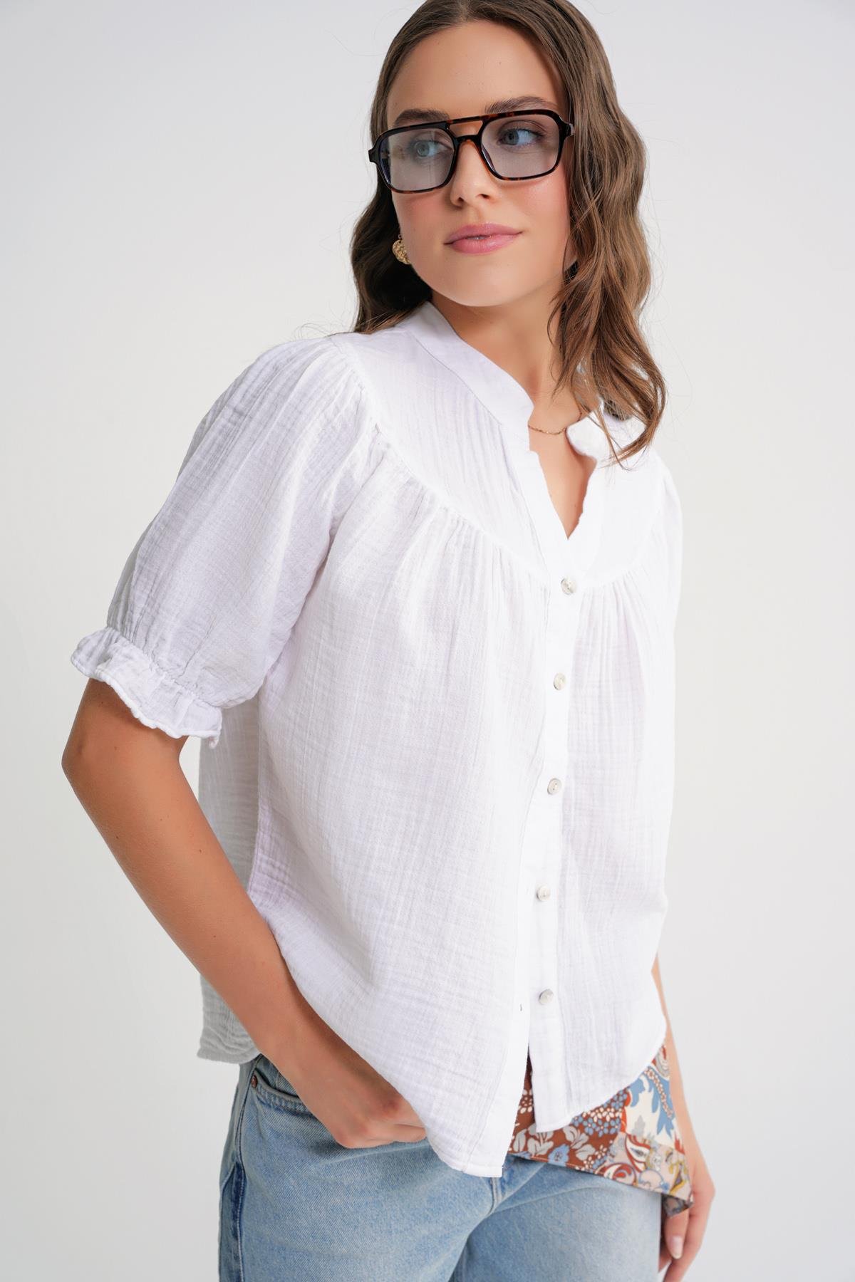 4725 Kadın Büzgü Robalı Kolu Fırfırlı Müslin Gömlek Beyaz