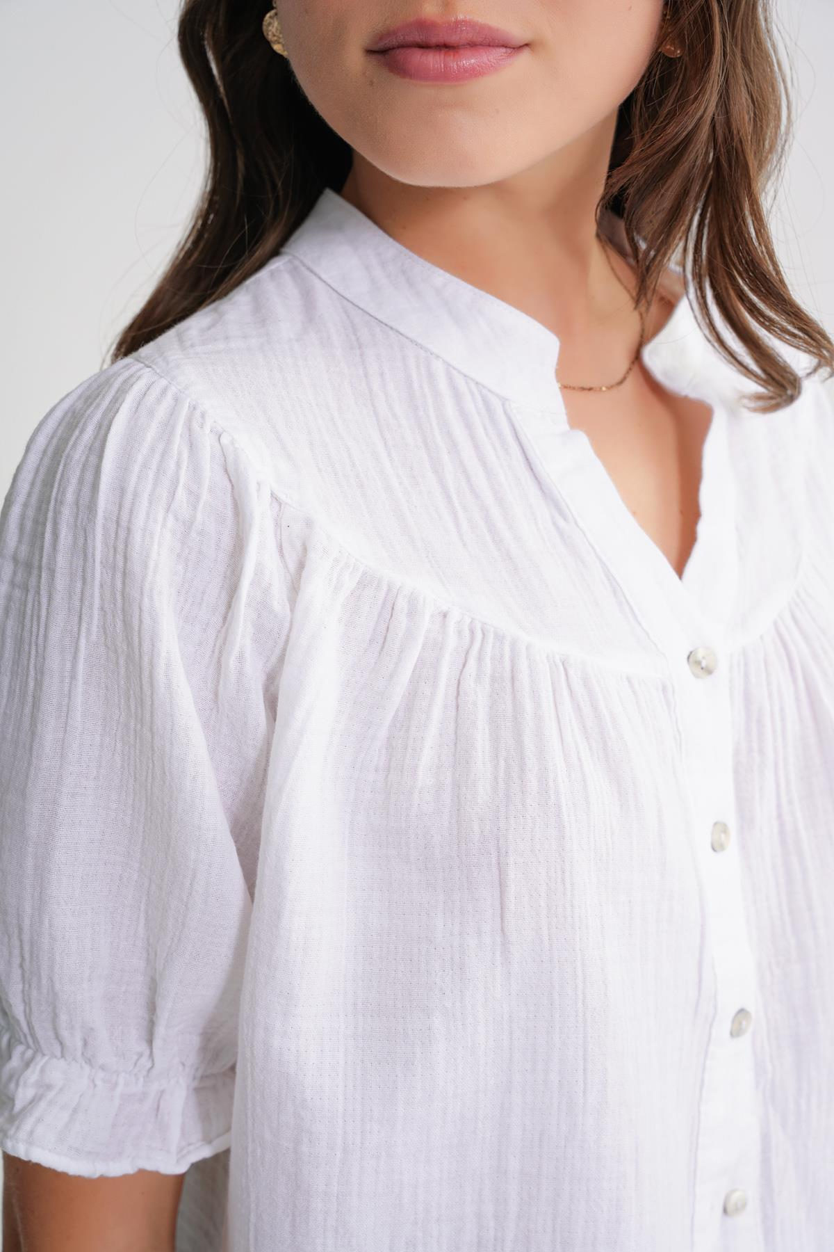 4725 Kadın Büzgü Robalı Kolu Fırfırlı Müslin Gömlek Beyaz