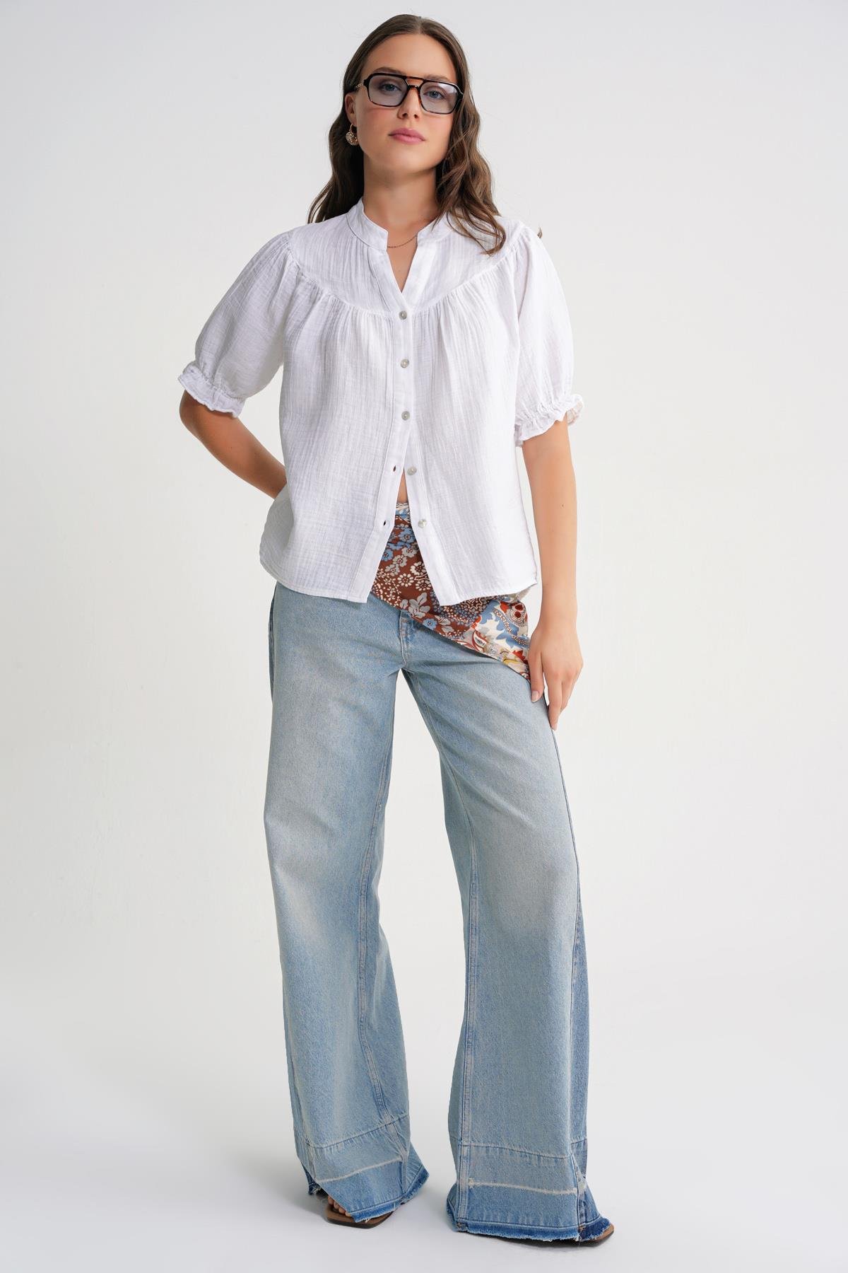 4725 Kadın Büzgü Robalı Kolu Fırfırlı Müslin Gömlek Beyaz