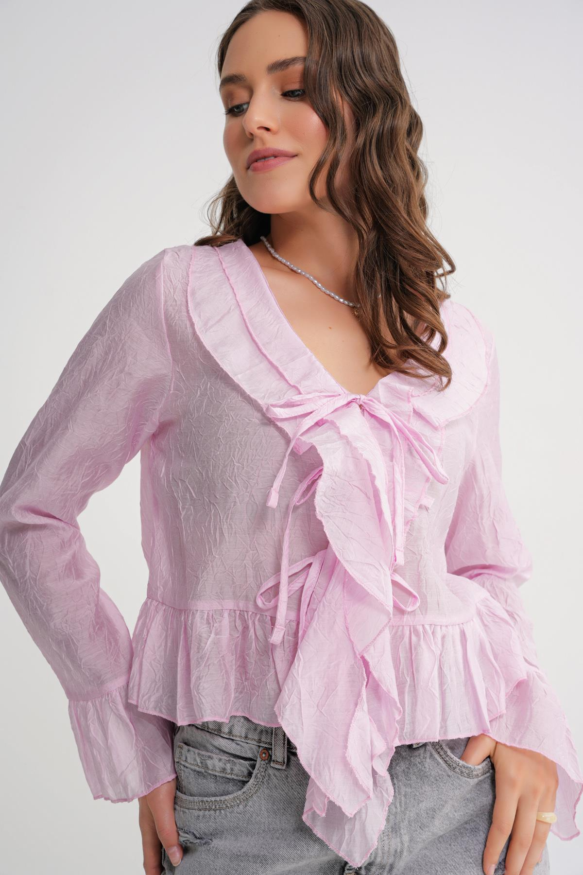 4727 Kadın Yakası Fırfırlı Kraşlı Bluz Pembe