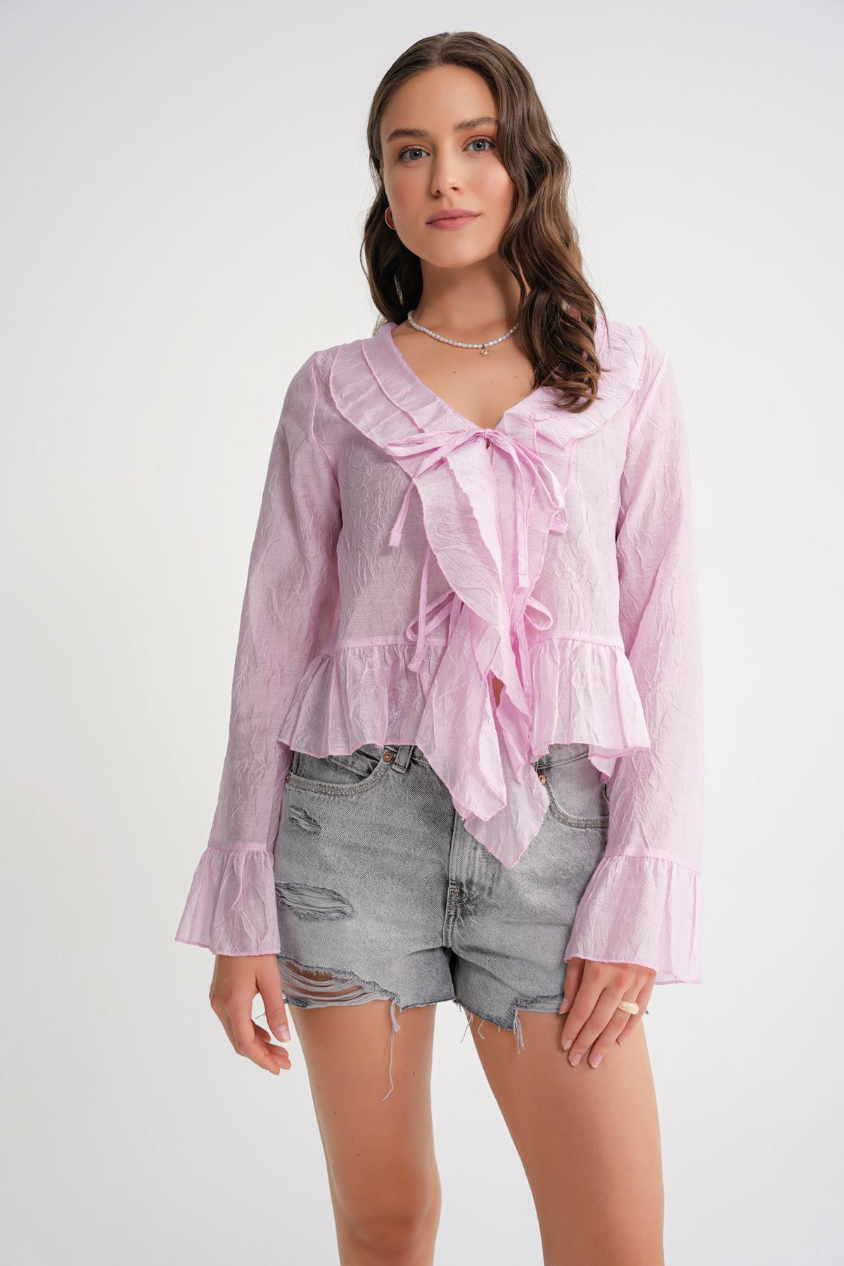 4727 Kadın Yakası Fırfırlı Kraşlı Bluz Pembe