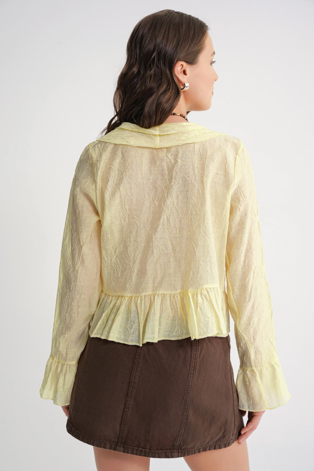 4727 Kadın Yakası Fırfırlı Kraşlı Bluz Sarı