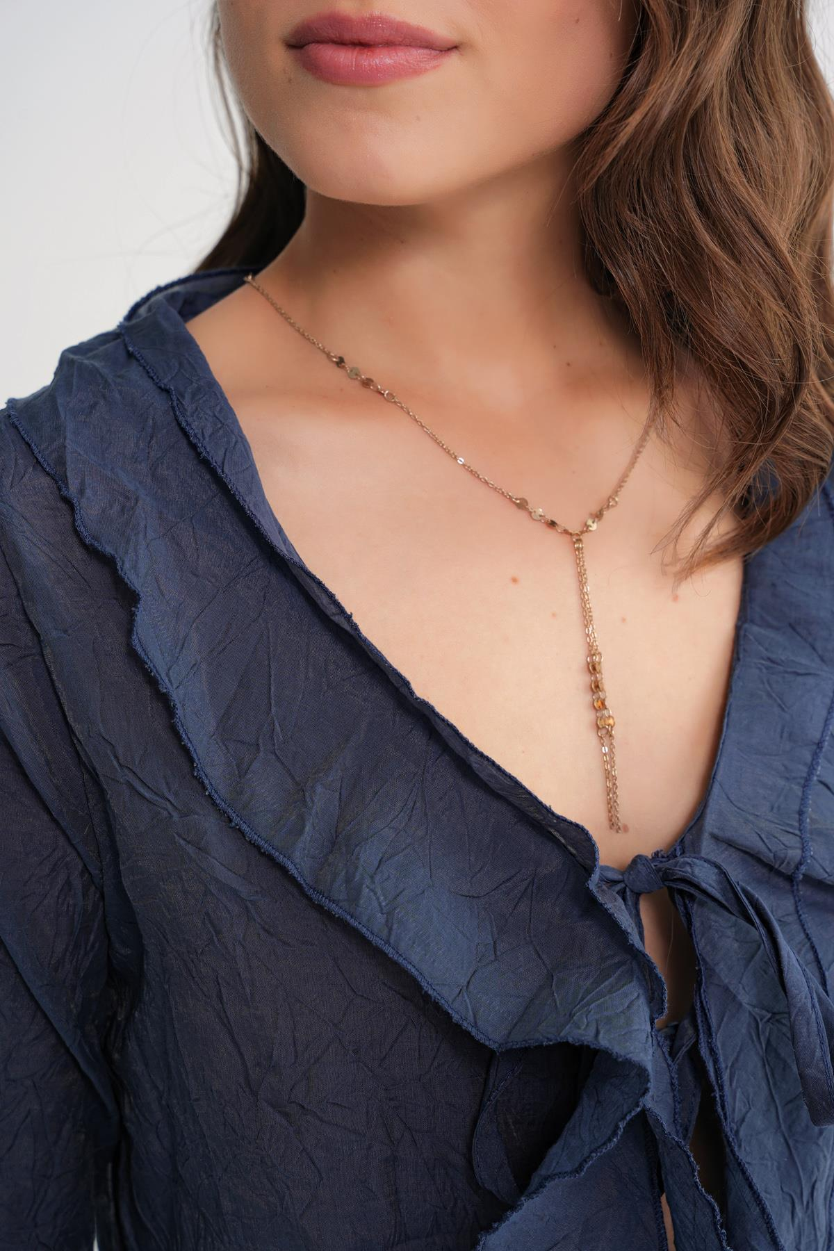 4727 Kadın Yakası Fırfırlı Kraşlı Bluz Lacivert