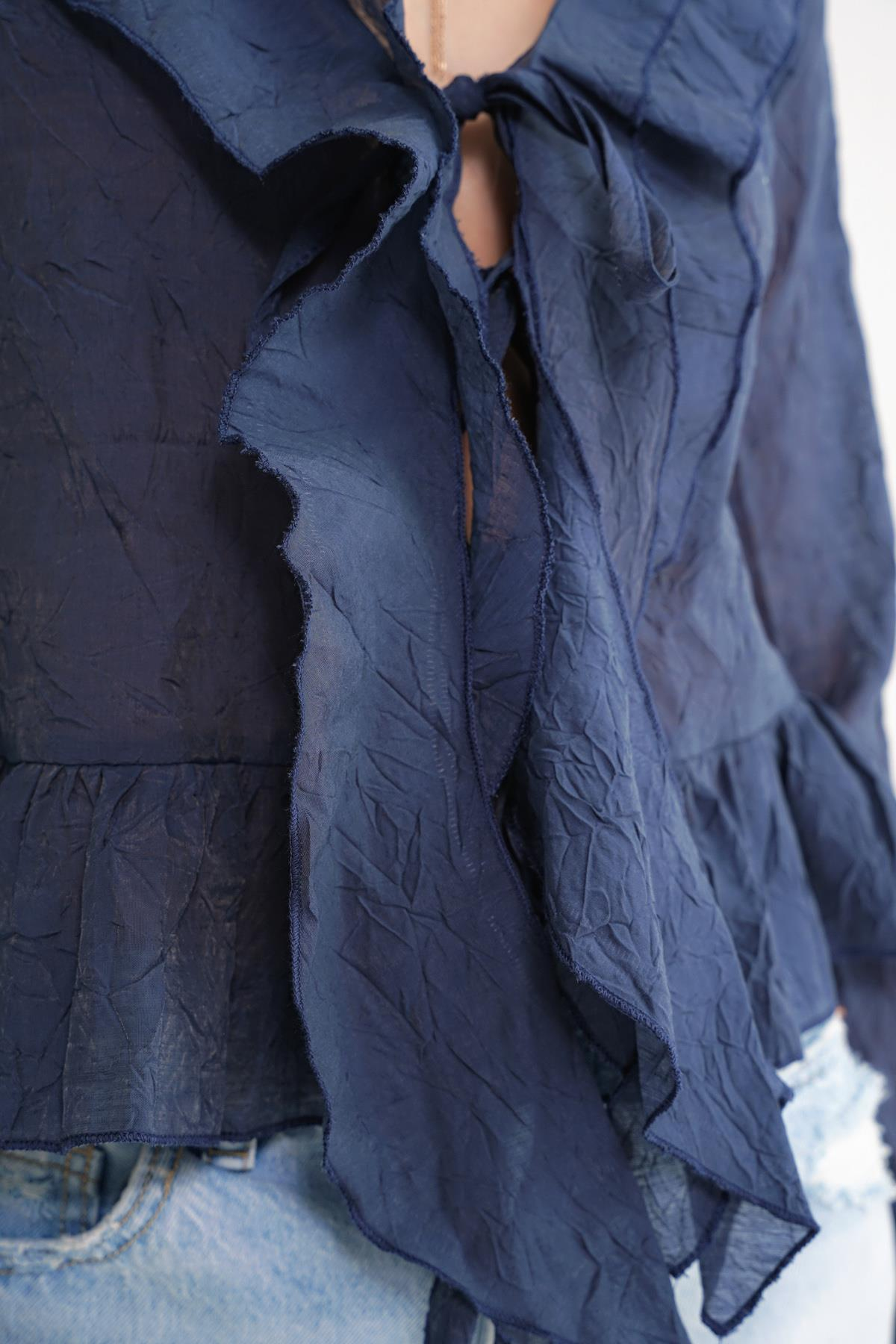 4727 Kadın Yakası Fırfırlı Kraşlı Bluz Lacivert