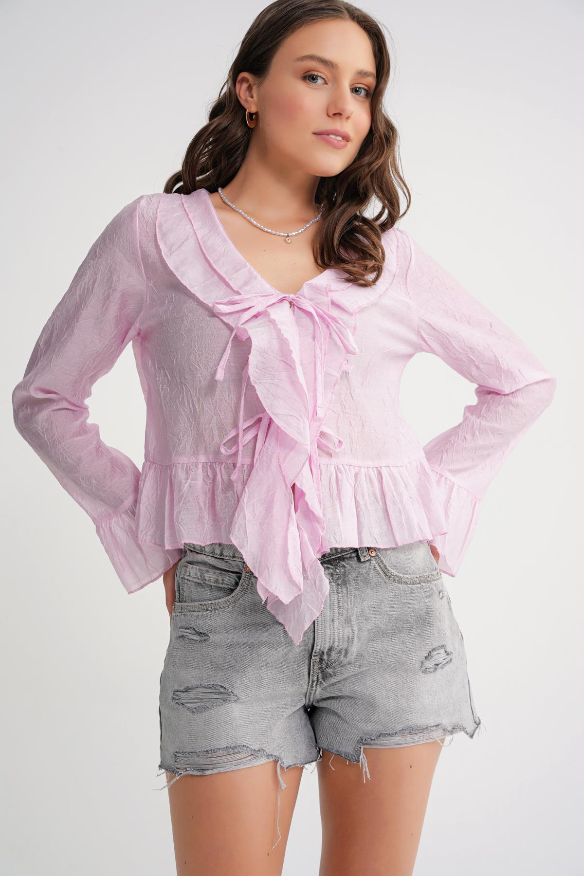 4727 Kadın Yakası Fırfırlı Kraşlı Bluz Pembe