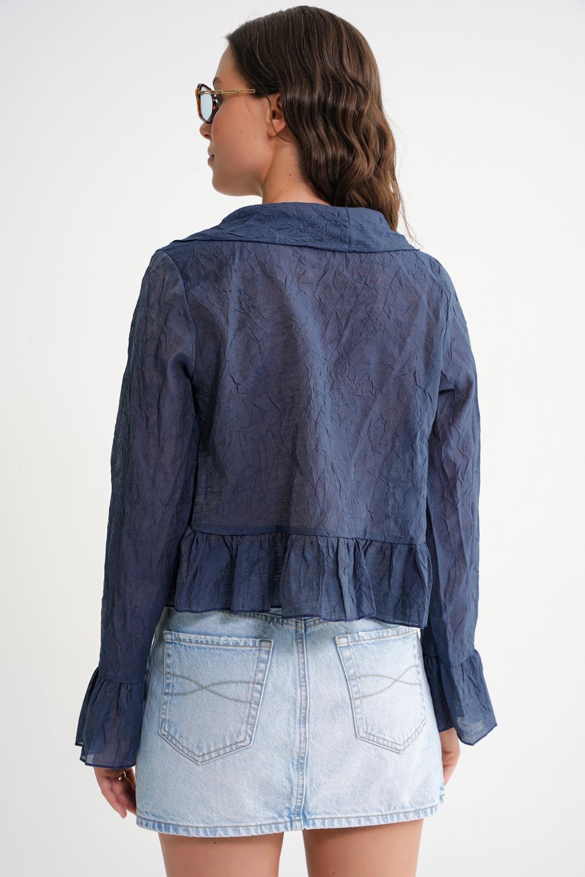 4727 Kadın Yakası Fırfırlı Kraşlı Bluz Lacivert