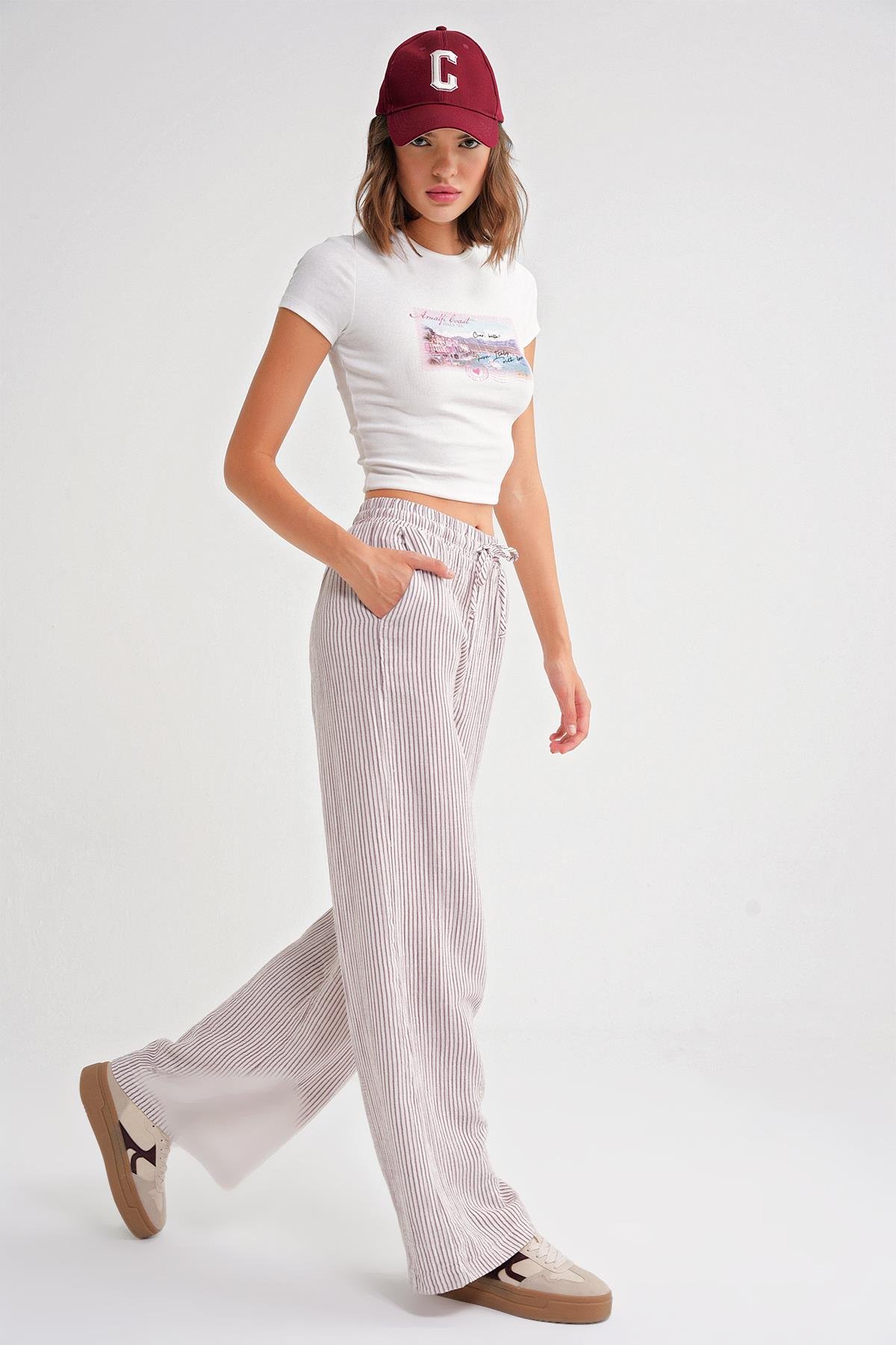 4729 Kadın İnce Çizgili Palazzo Müslin Pantolon Bordo