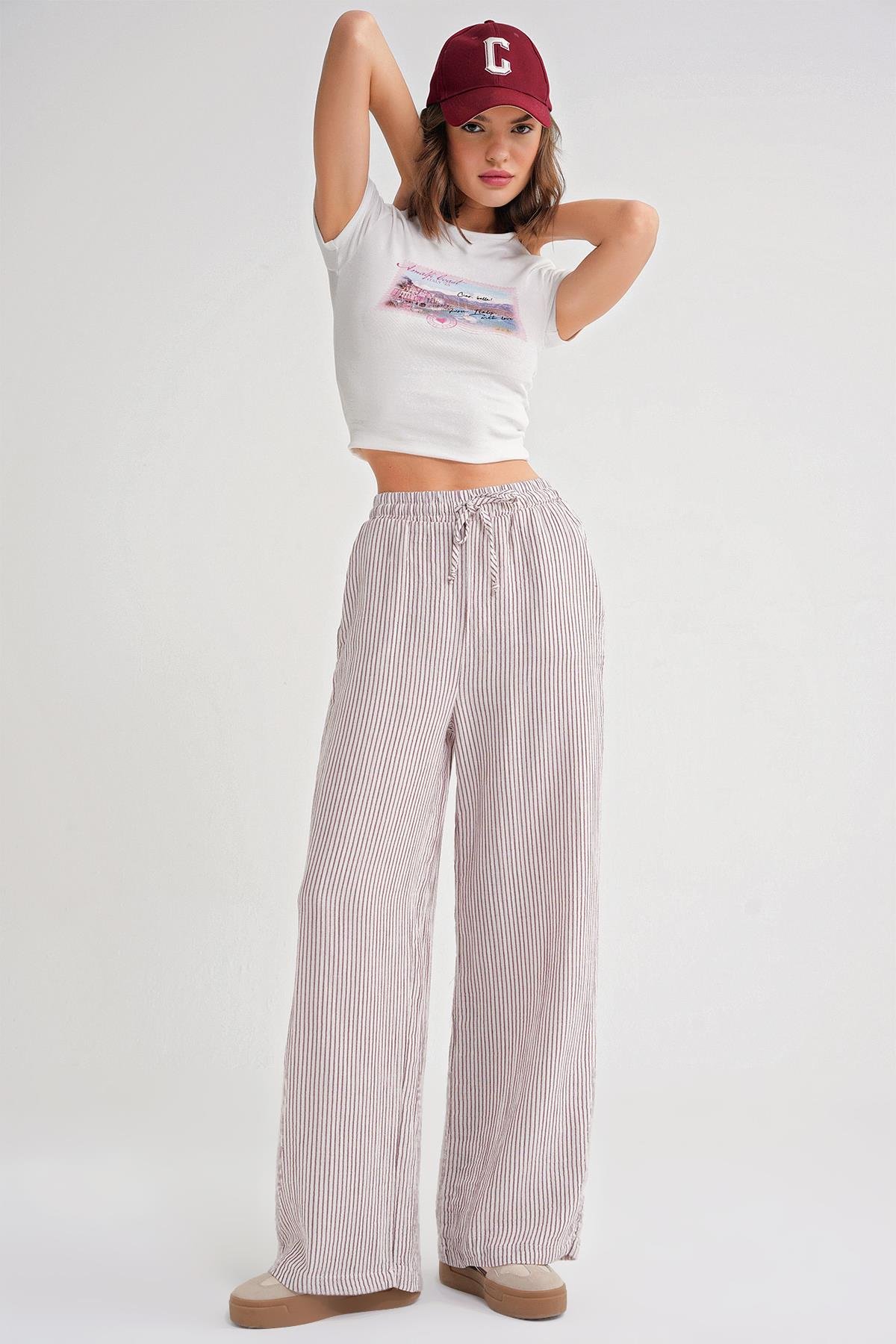 4729 Kadın İnce Çizgili Palazzo Müslin Pantolon Bordo