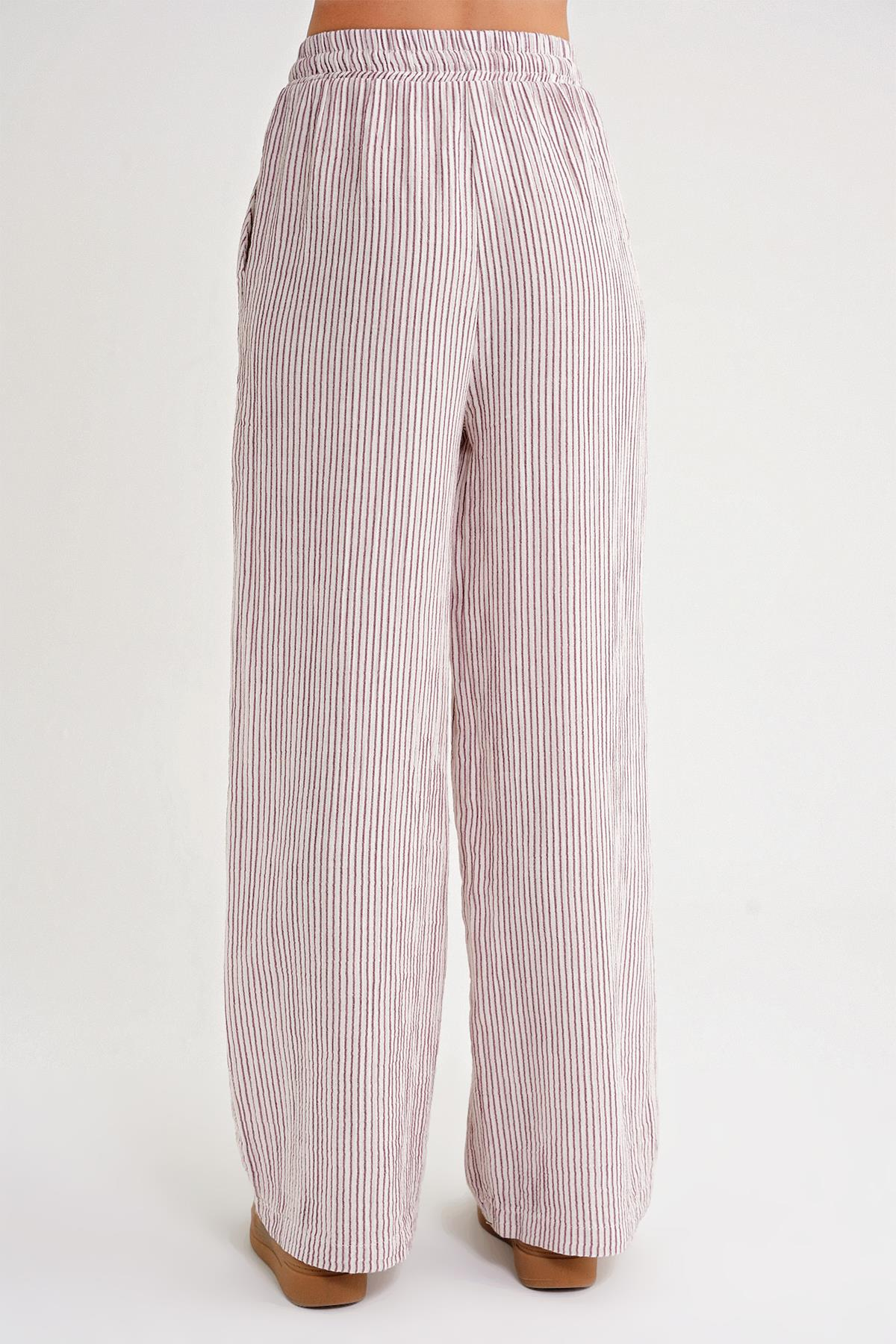 4729 Kadın İnce Çizgili Palazzo Müslin Pantolon Bordo
