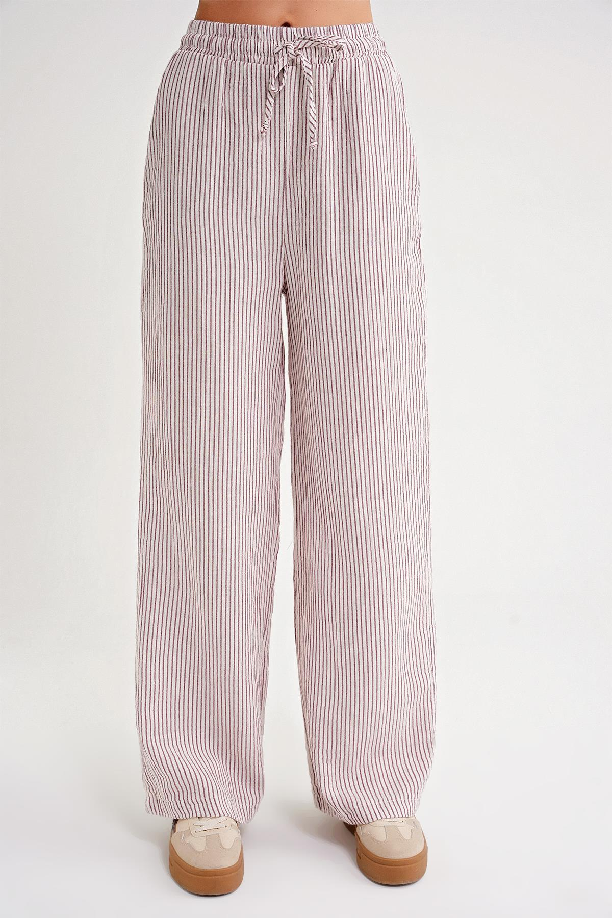 4729 Kadın İnce Çizgili Palazzo Müslin Pantolon Bordo