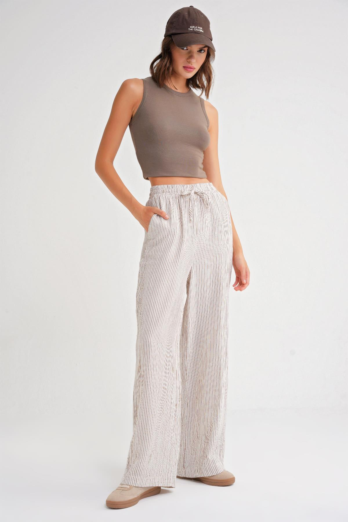 4729 Kadın İnce Çizgili Palazzo Müslin Pantolon Kahve
