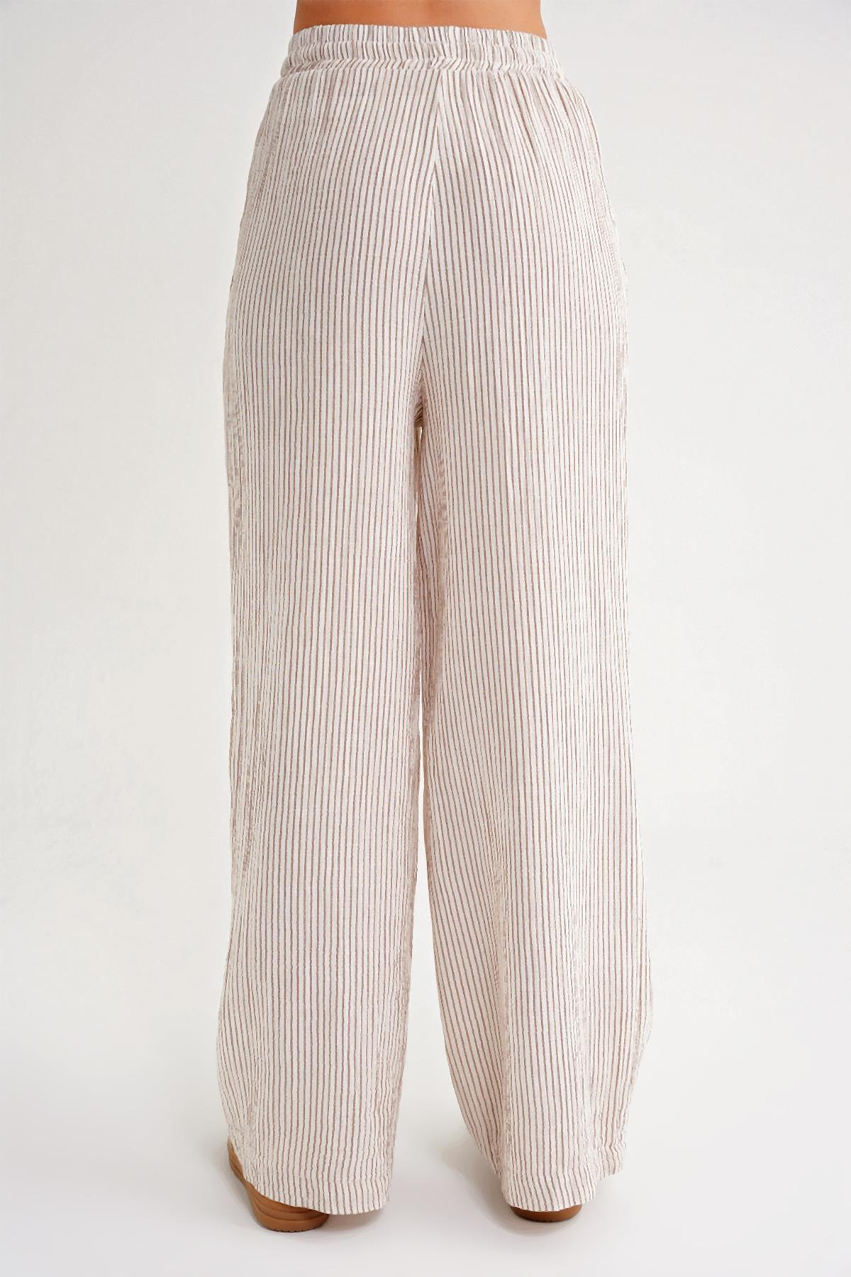4729 Kadın İnce Çizgili Palazzo Müslin Pantolon Kahve