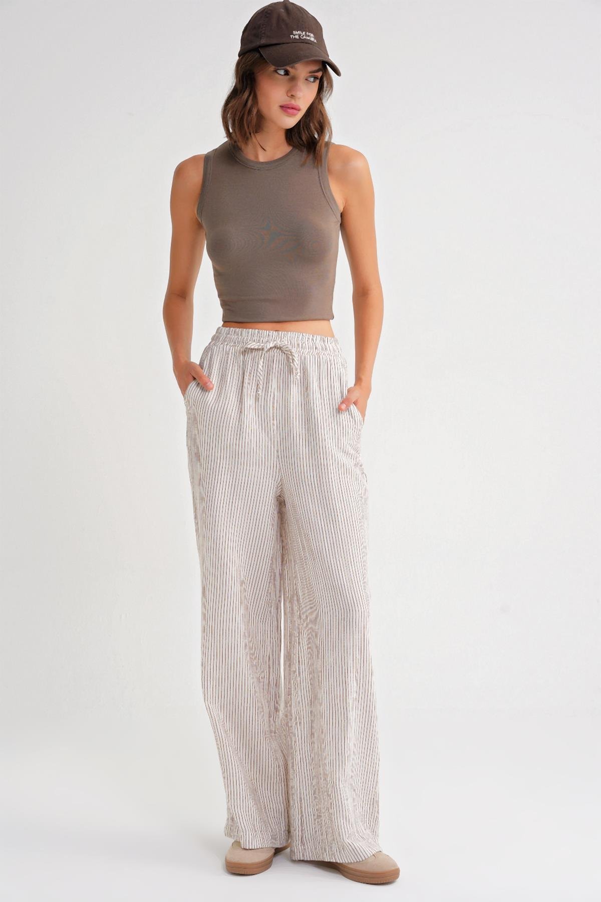 4729 Kadın İnce Çizgili Palazzo Müslin Pantolon Kahve