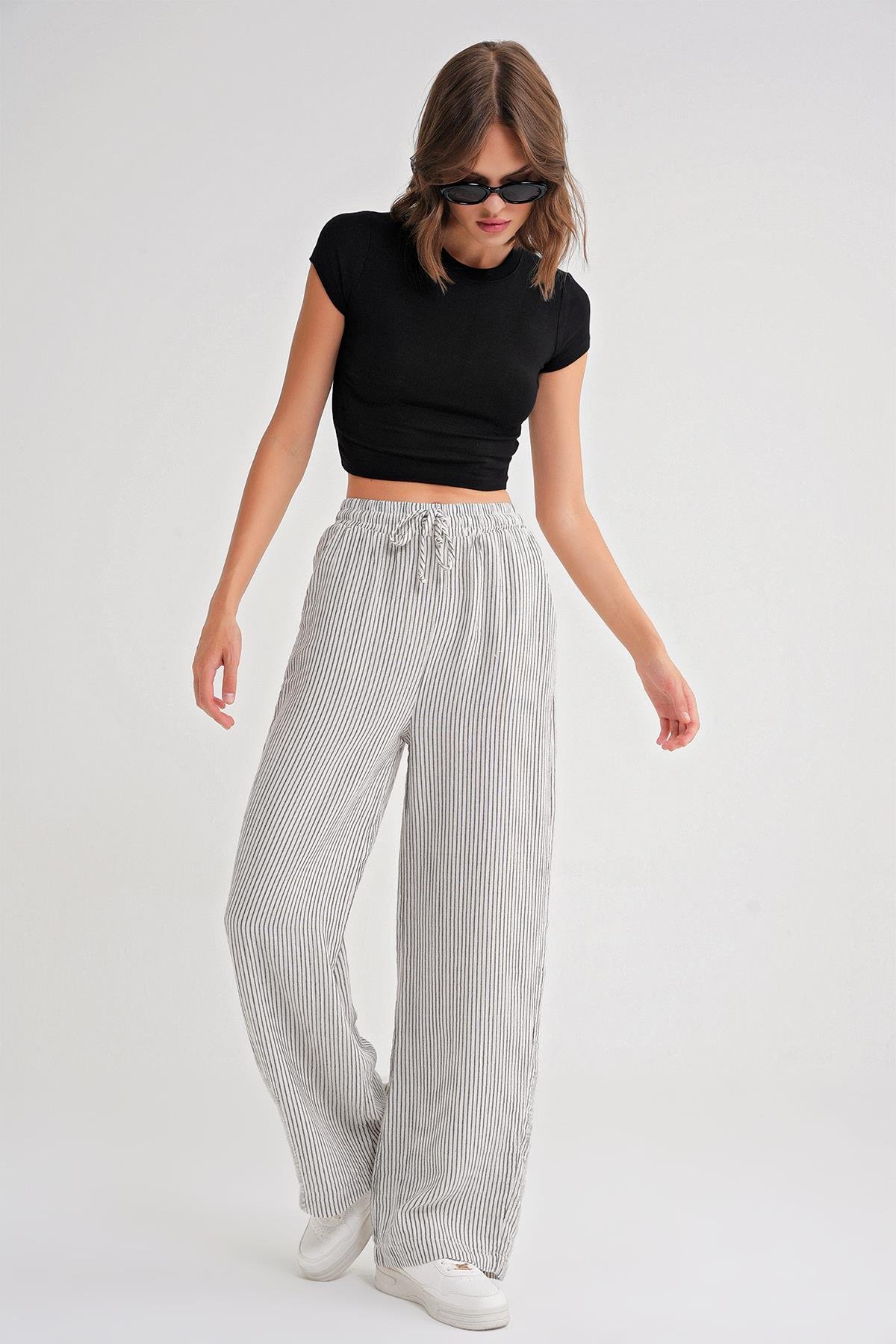 4729 Kadın İnce Çizgili Palazzo Müslin Pantolon Siyah