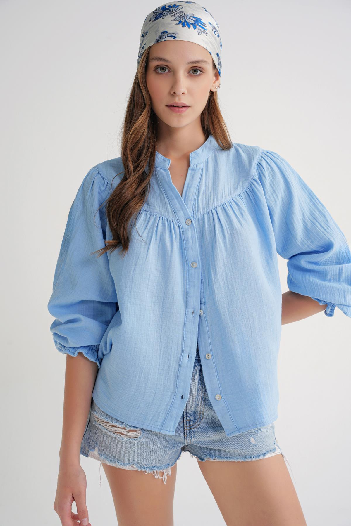 4733 Büzgü Robalı Uzun Kol Gömlek Bebe Mavi