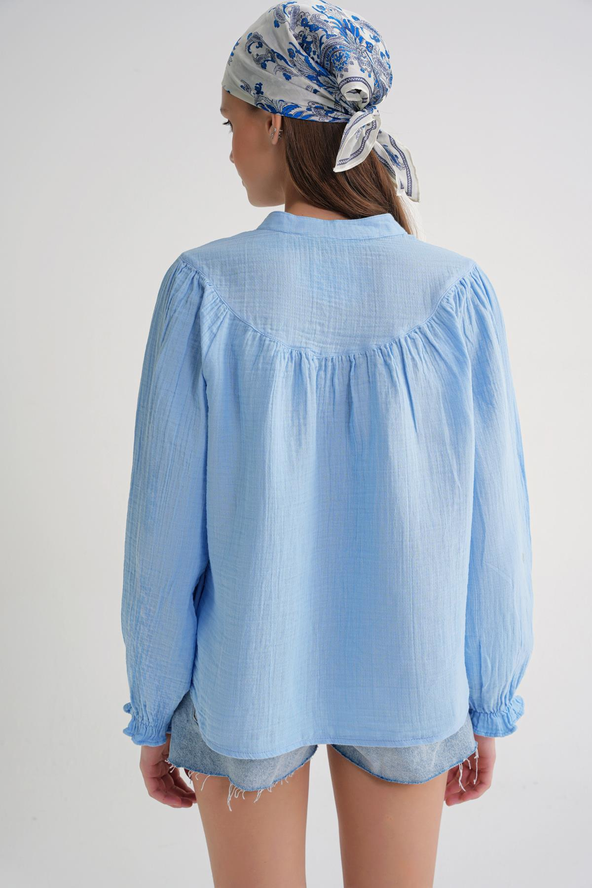 4733 Büzgü Robalı Uzun Kol Gömlek Bebe Mavi