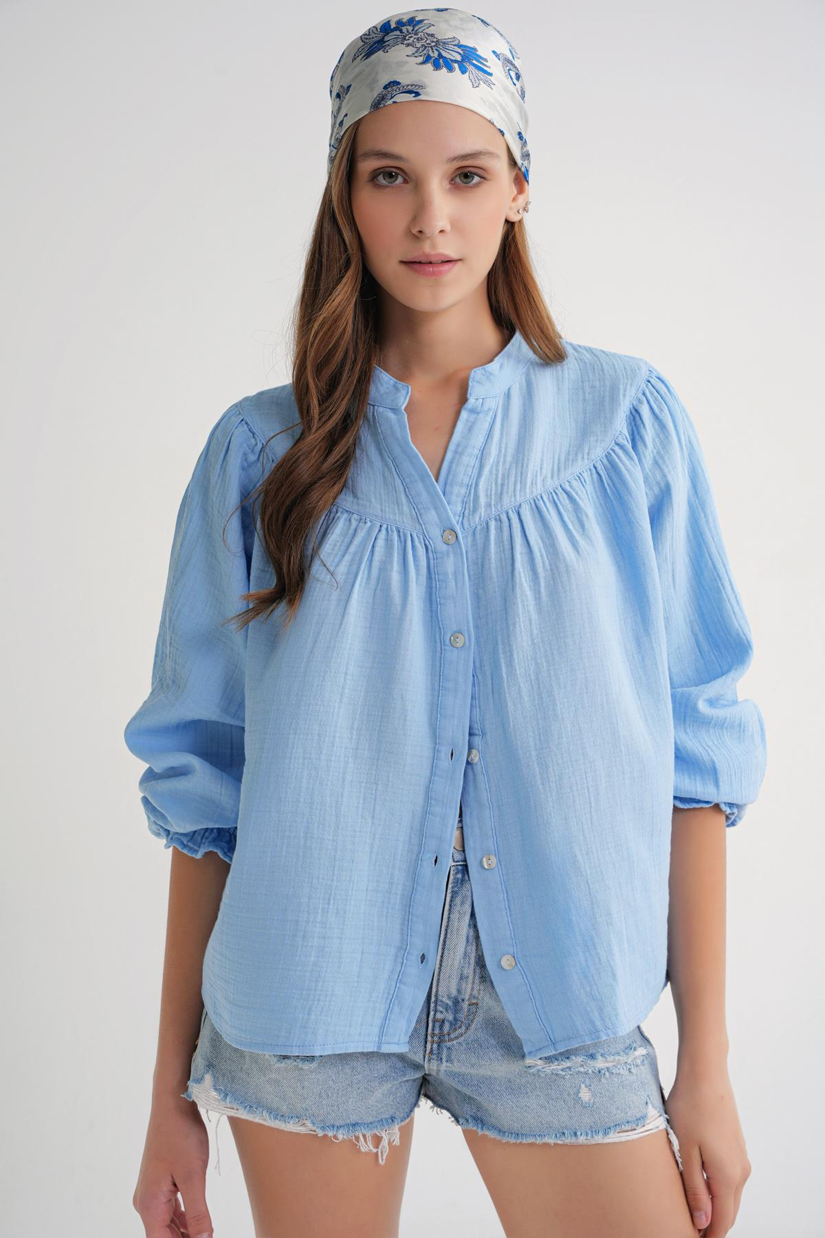 4733 Büzgü Robalı Uzun Kol Gömlek Bebe Mavi