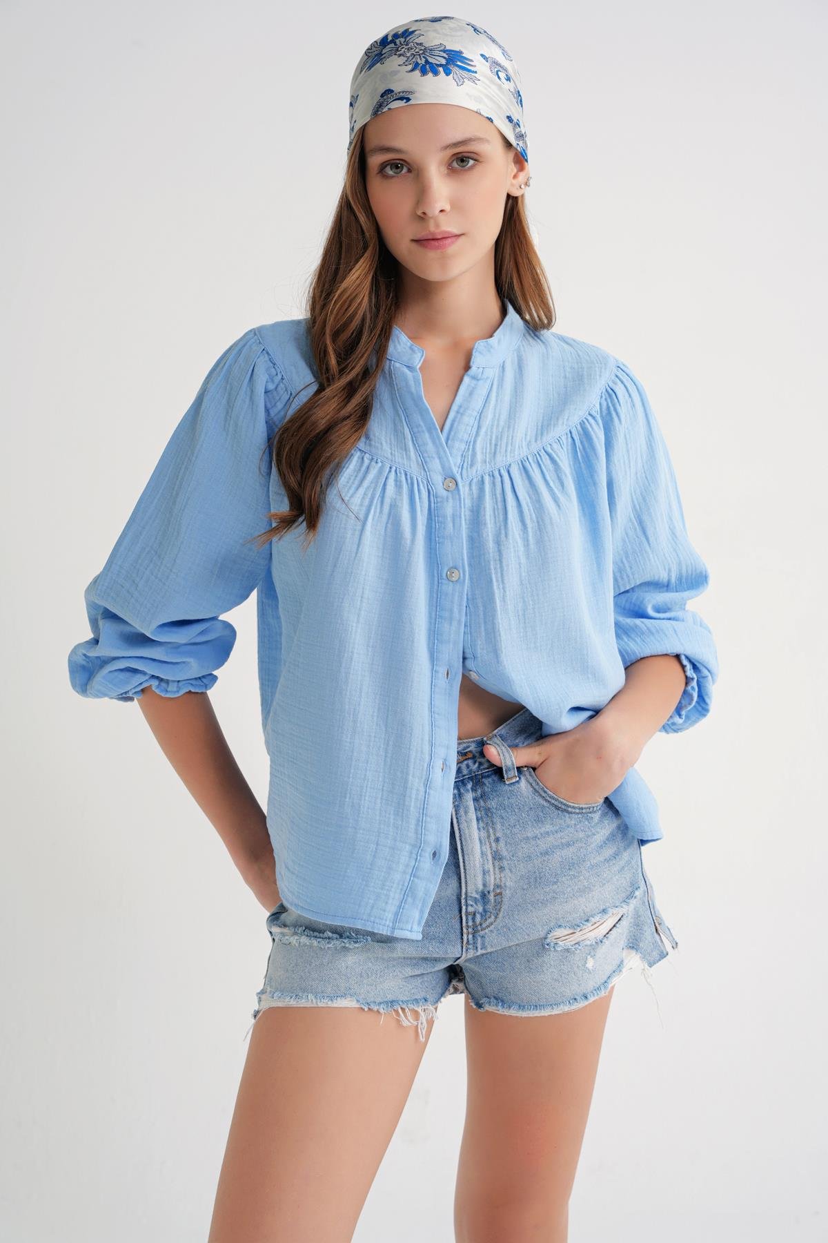 4733 Büzgü Robalı Uzun Kol Gömlek Bebe Mavi