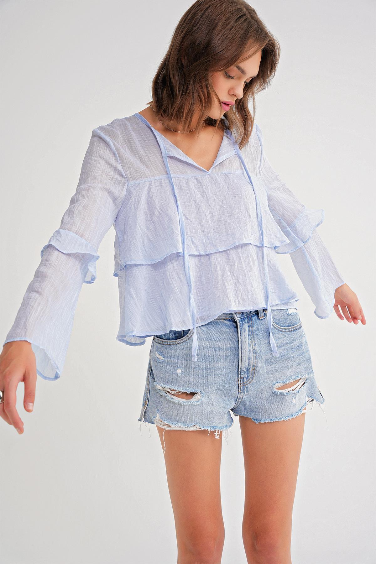 4735 Kadın Uzun Kollu Fırfırlı Bağlamalı Bluz Bebe Mavi