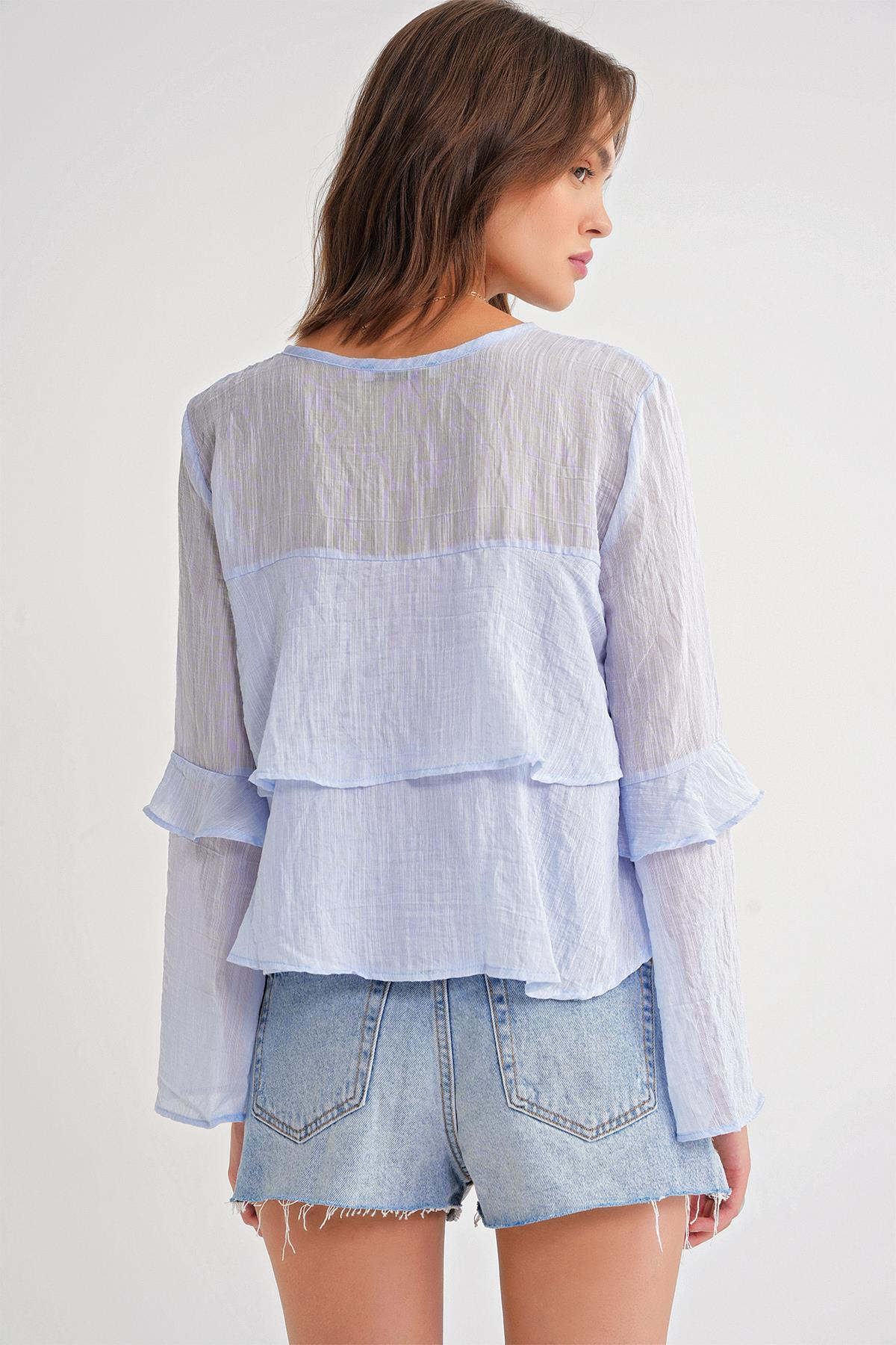 4735 Kadın Uzun Kollu Fırfırlı Bağlamalı Bluz Bebe Mavi
