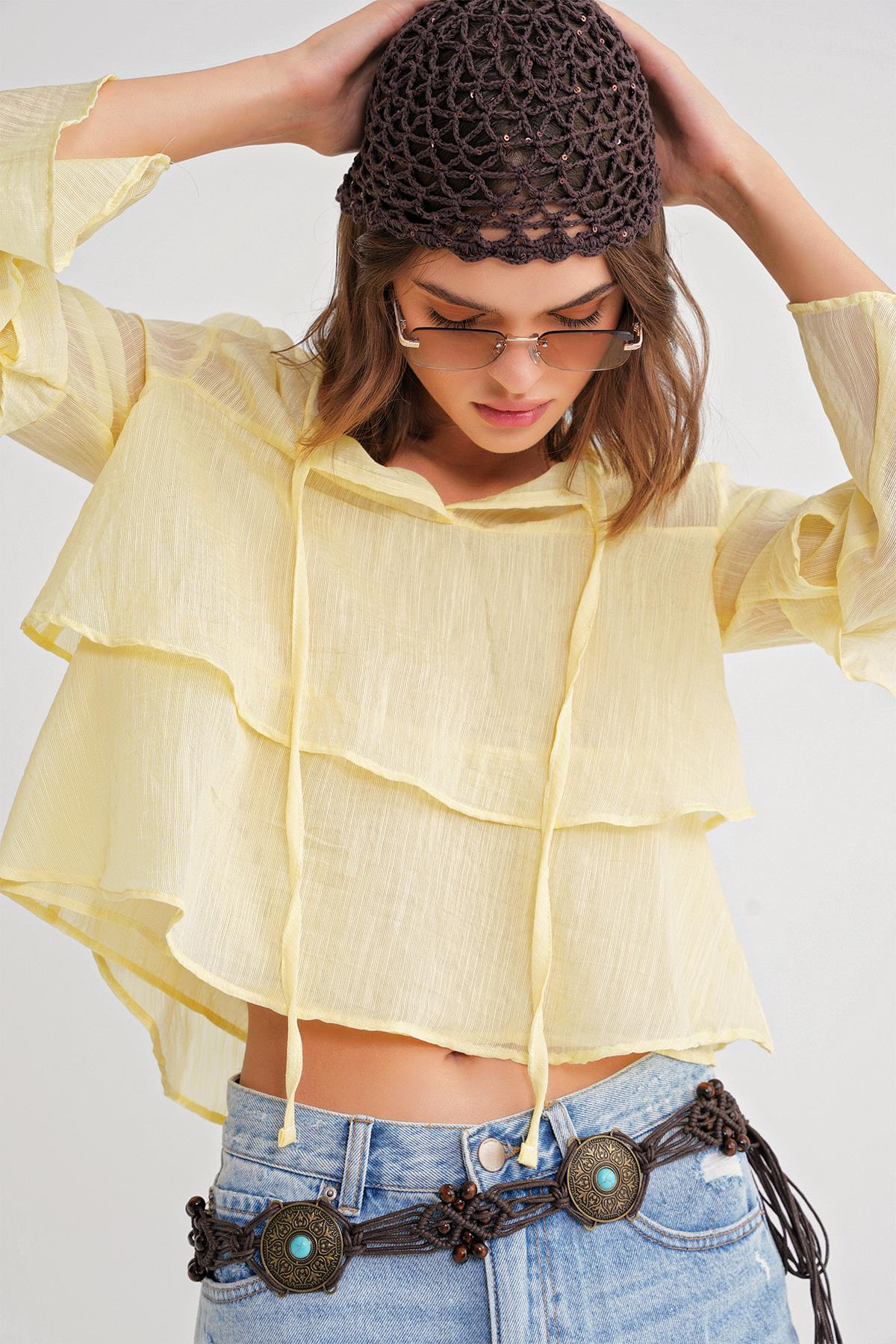 4735 Kadın Uzun Kollu Fırfırlı Bağlamalı Bluz Sarı