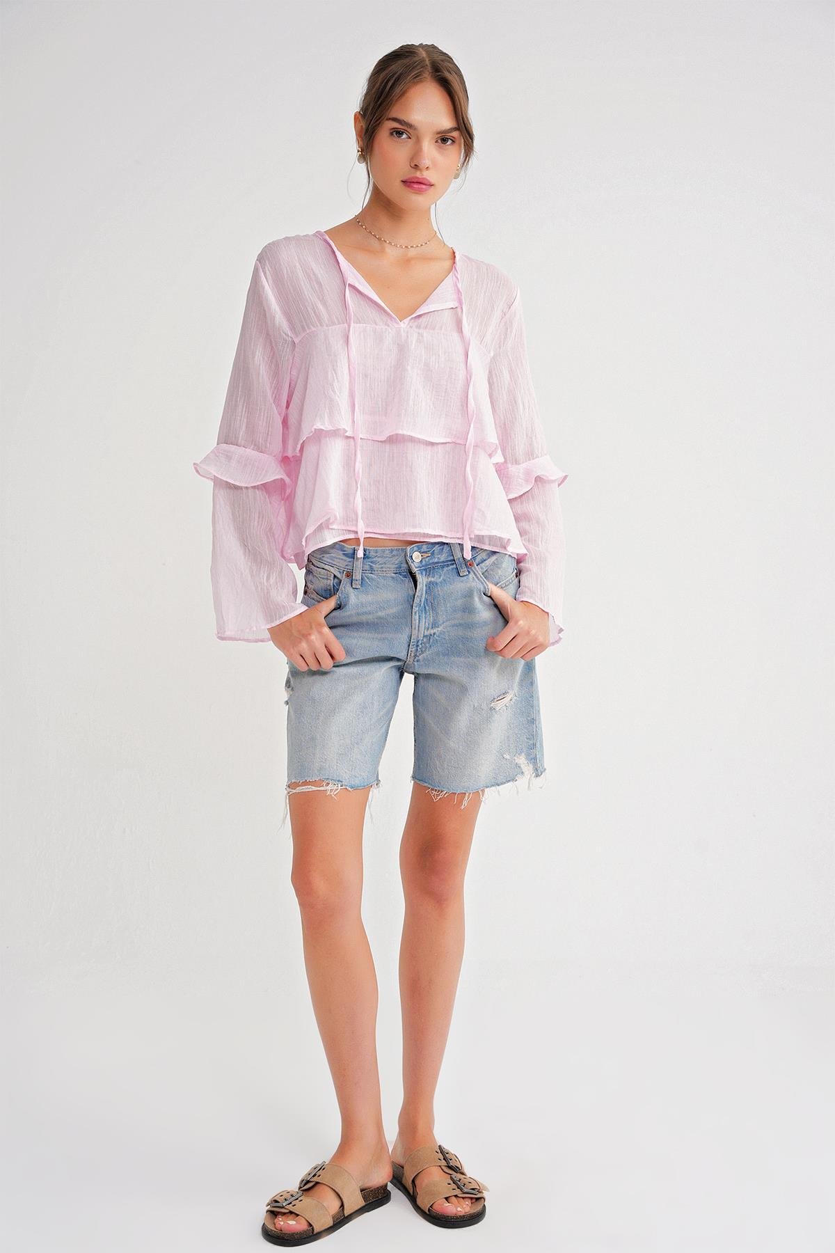 4735 Kadın Uzun Kollu Fırfırlı Bağlamalı Bluz Pembe