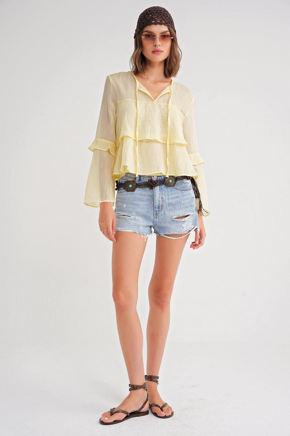 4735 Kadın Uzun Kollu Fırfırlı Bağlamalı Bluz Sarı