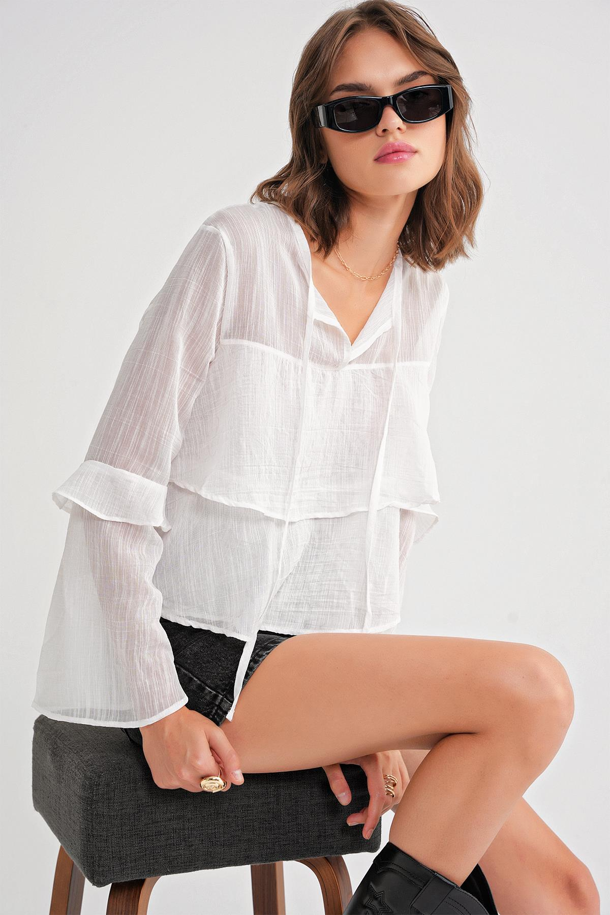 4735 Kadın Uzun Kollu Fırfırlı Bağlamalı Bluz Beyaz